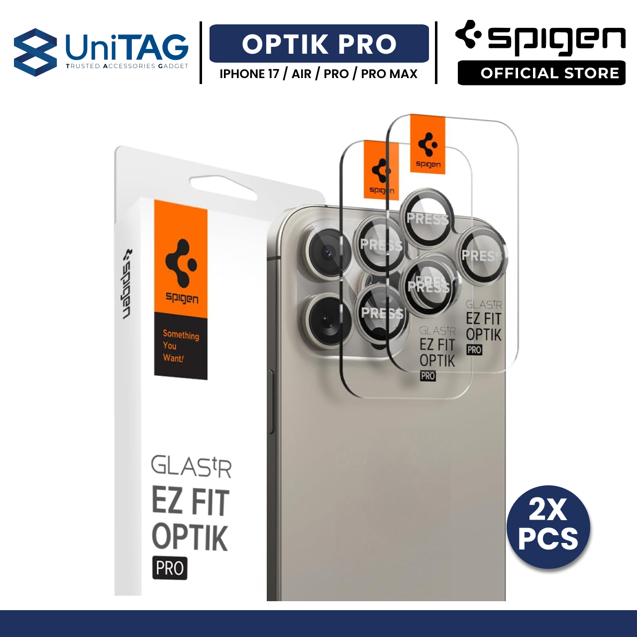 Spigen iPhone 17 Pro Max / 17 Pro / 16 Pro / 16 Pro Max / 15 Pro / 15 Pro Max / 14 Pro / 14 Pro Max Camera Lens Protector Camera Ring with Tray 2 Pack GlastR EZ Fit Optik Pro - Natural Titanium AGL07163