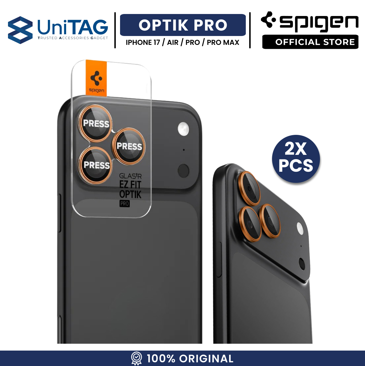 Spigen iPhone 17 Pro Max / 17 Pro / 16 Pro Max / 16 Pro / 15 Pro Max / 15 Pro / 14 Pro Max / 14 Pro Camera Lens Protector Camera Ring with Tray 2 Pack GlastR EZ Fit Optik Pro - Orange AGL10123