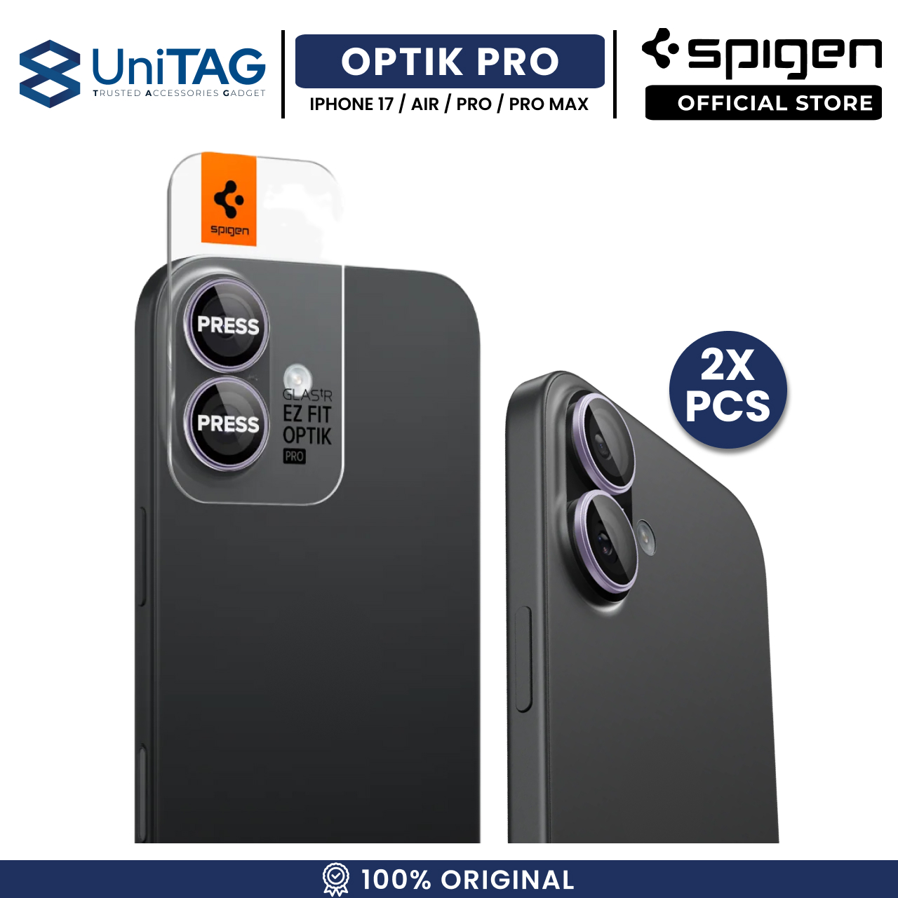 Spigen iPhone 17 / 16 Plus / 16 Camera Lens Protector Camera Ring with Tray 2 Pack GlastR EZ Fit Optik Pro - Purple AGL10127
