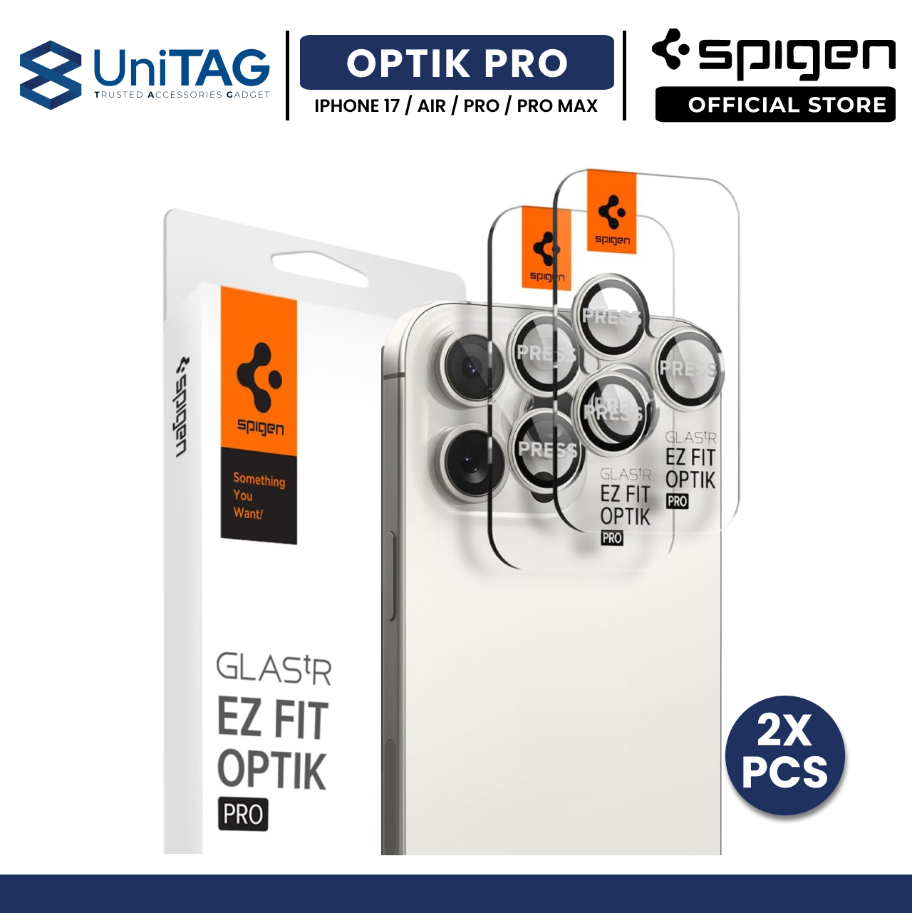 Spigen iPhone 17 Pro Max / 17 Pro / 16 Pro / 16 Pro Max / 15 Pro / 15 Pro Max / 14 Pro / 14 Pro Max Camera Lens Protector Camera Ring with Tray 2 Pack GlastR EZ Fit Optik Pro - White Titanium AGL07165