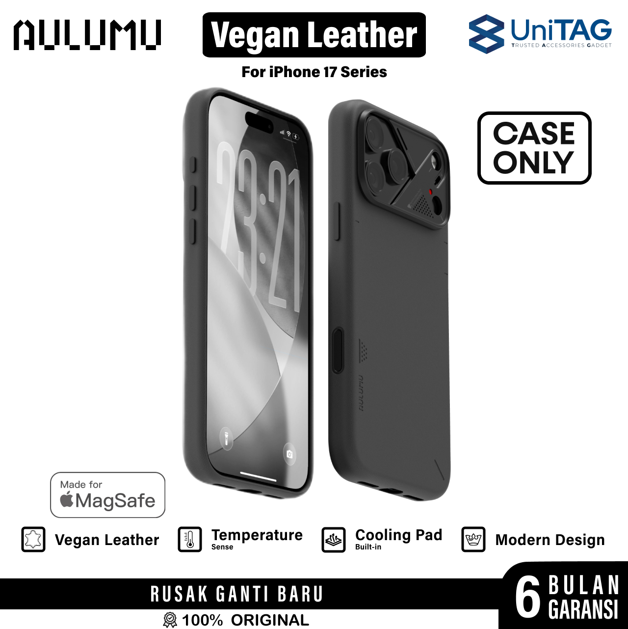 Aulumu iPhone 17 Pro Max Case Vegan Leather MagSafe - Black A17-PU-BK-PM