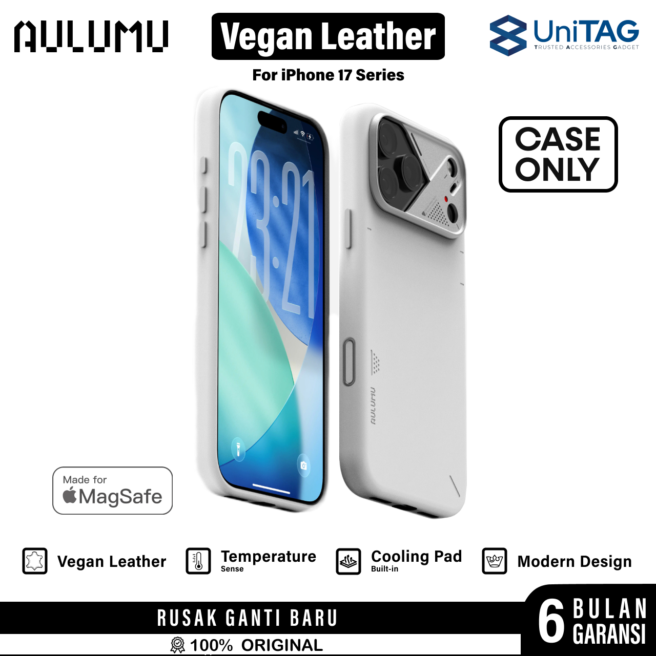 Aulumu iPhone 17 Pro Case Vegan Leather MagSafe - White A17-PU-WT-PRO