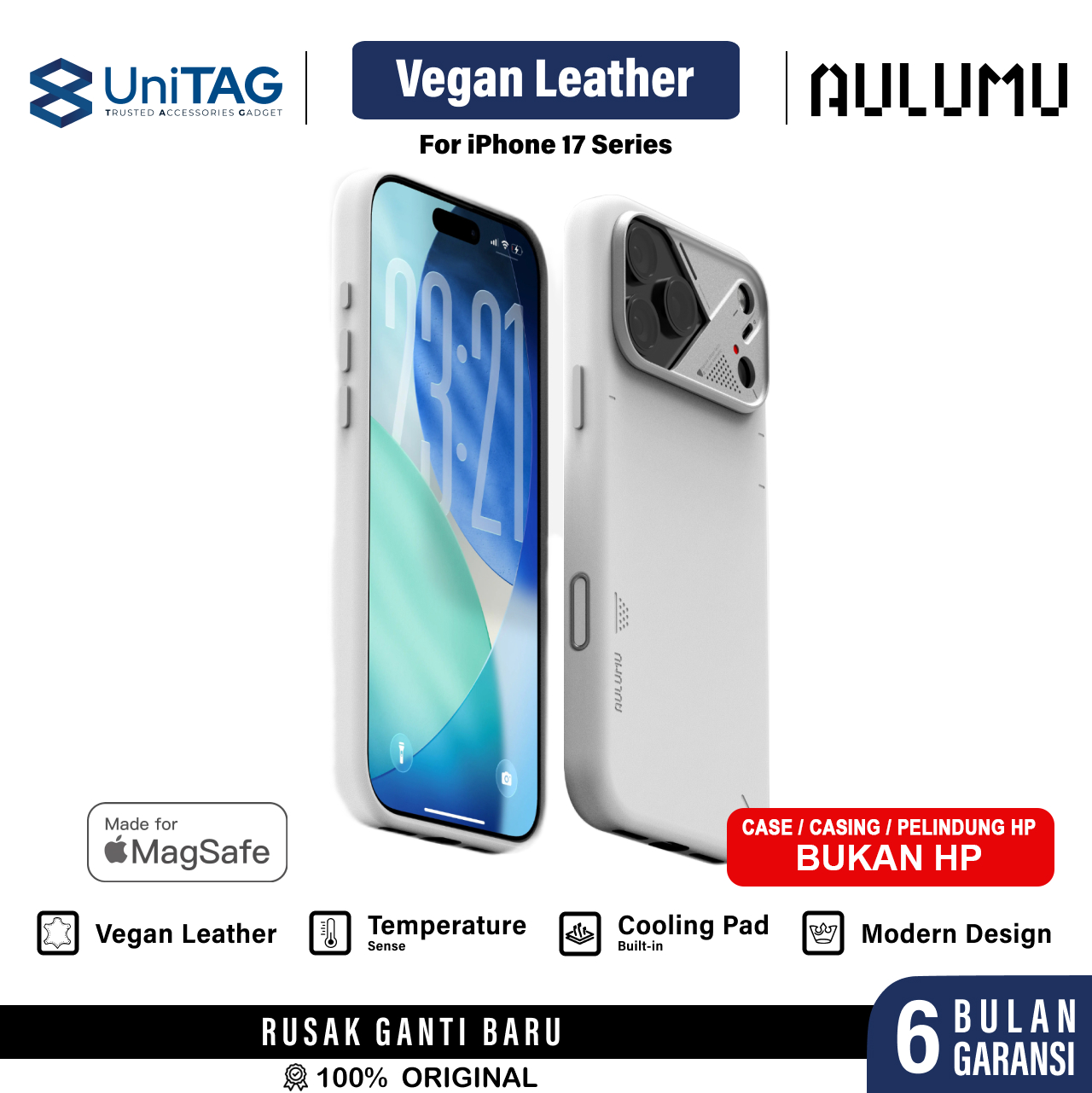 Aulumu iPhone 17 Pro Max Case Vegan Leather MagSafe - White A17-PU-WT-PM