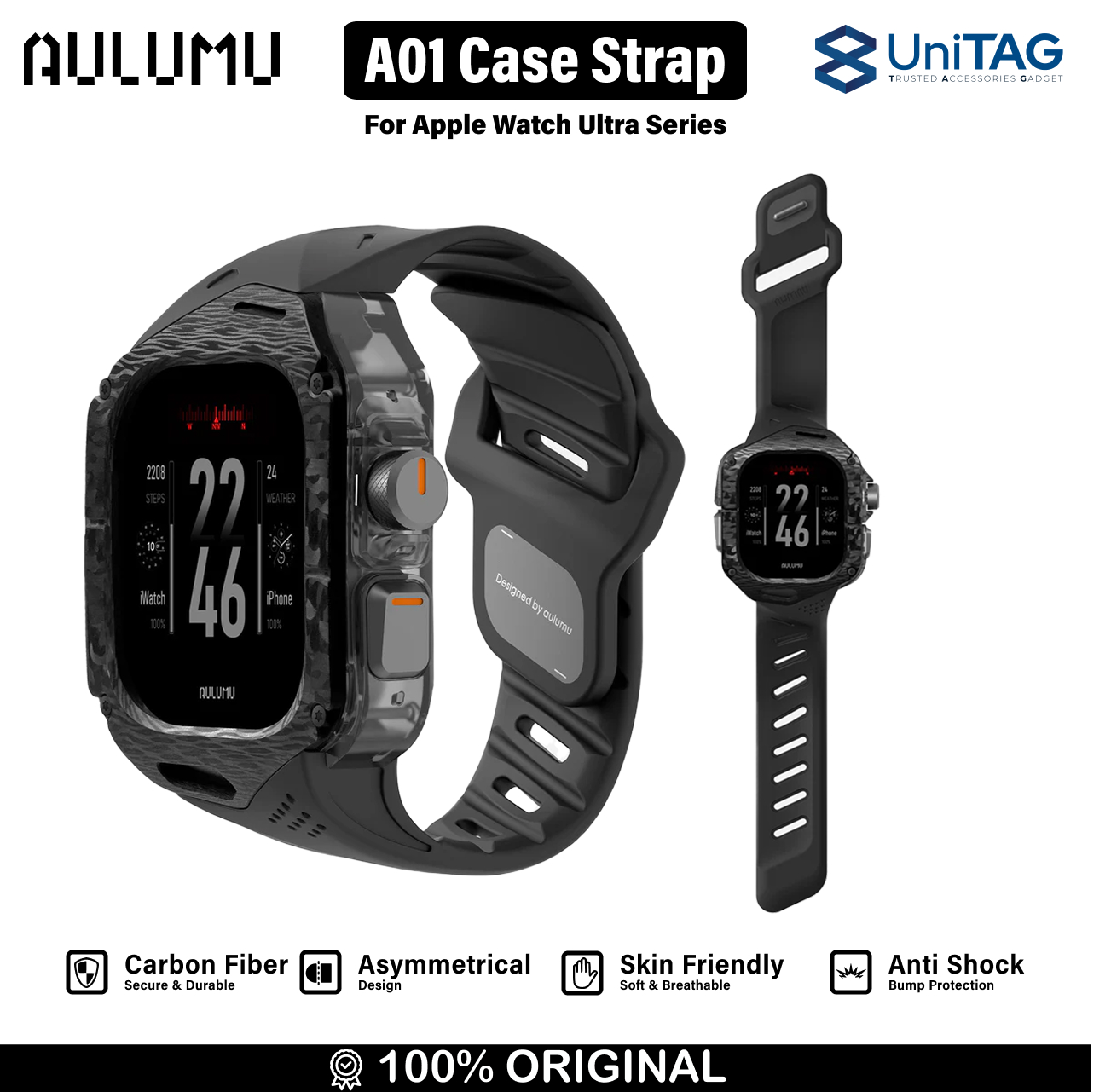Aulumu Apple Watch Ultra 49mm (Series 3 / 2 / 1) Case Strap A01 Carbon Fiber FKM Band - Black A01-CF-BK