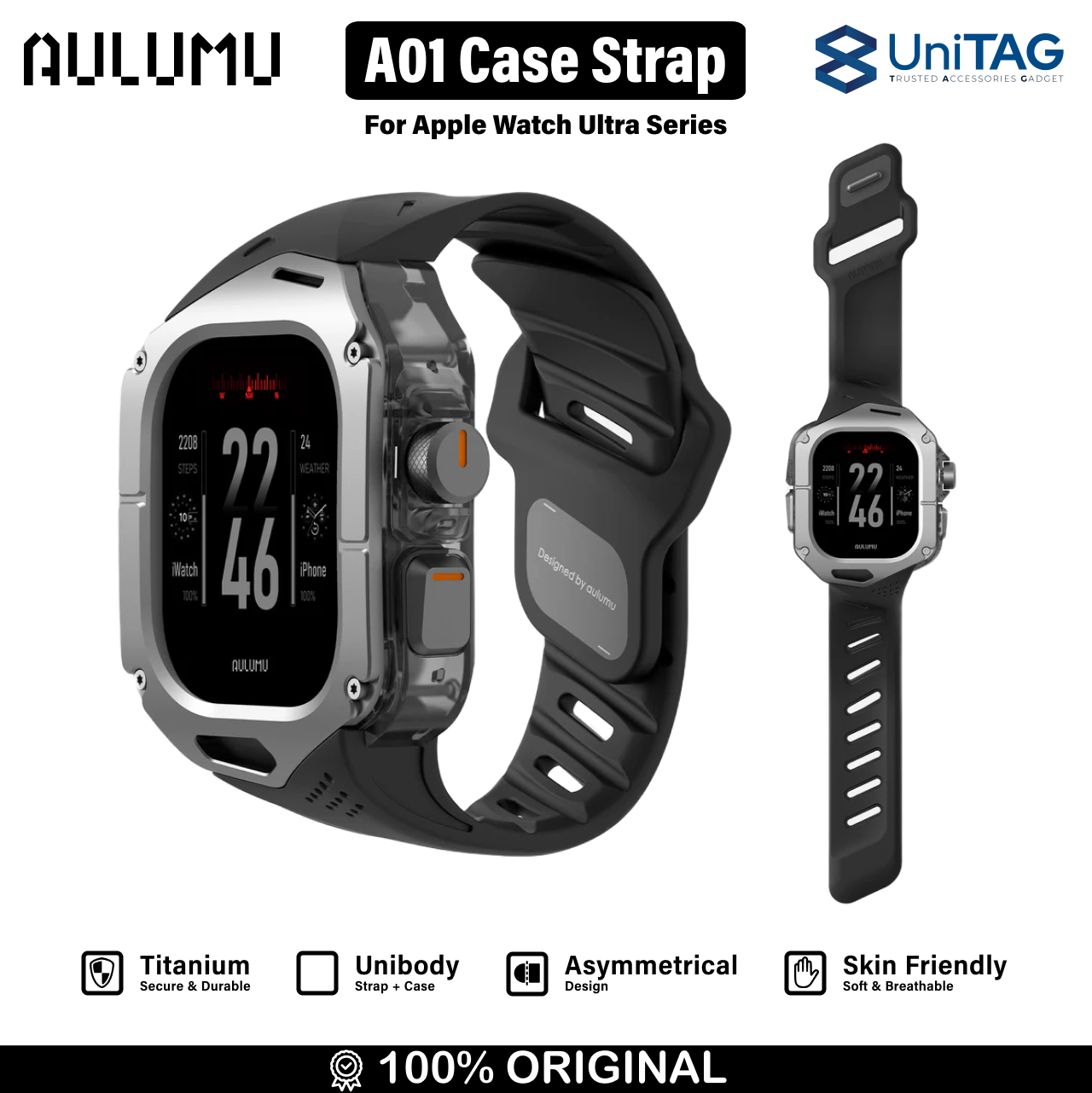 Aulumu Apple Watch Ultra 49mm (Series 3 / 2 / 1) Case Strap A01 Titanium FKM Band - Black A01-TI-BK