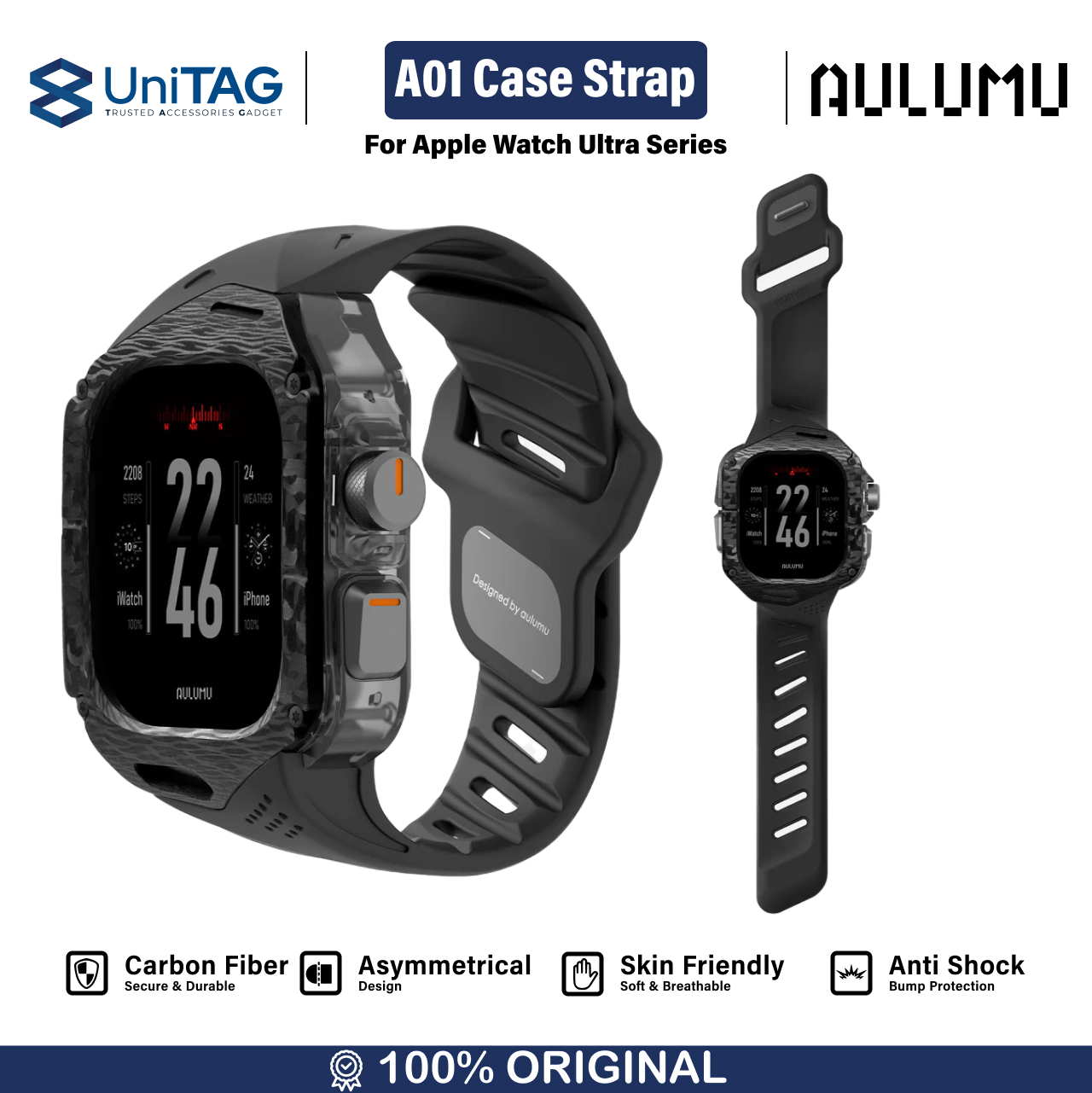 Aulumu Apple Watch Ultra 49mm (Series 3 / 2 / 1) Case Strap A01 Carbon Fiber FKM Band - Black A01-CF-BK