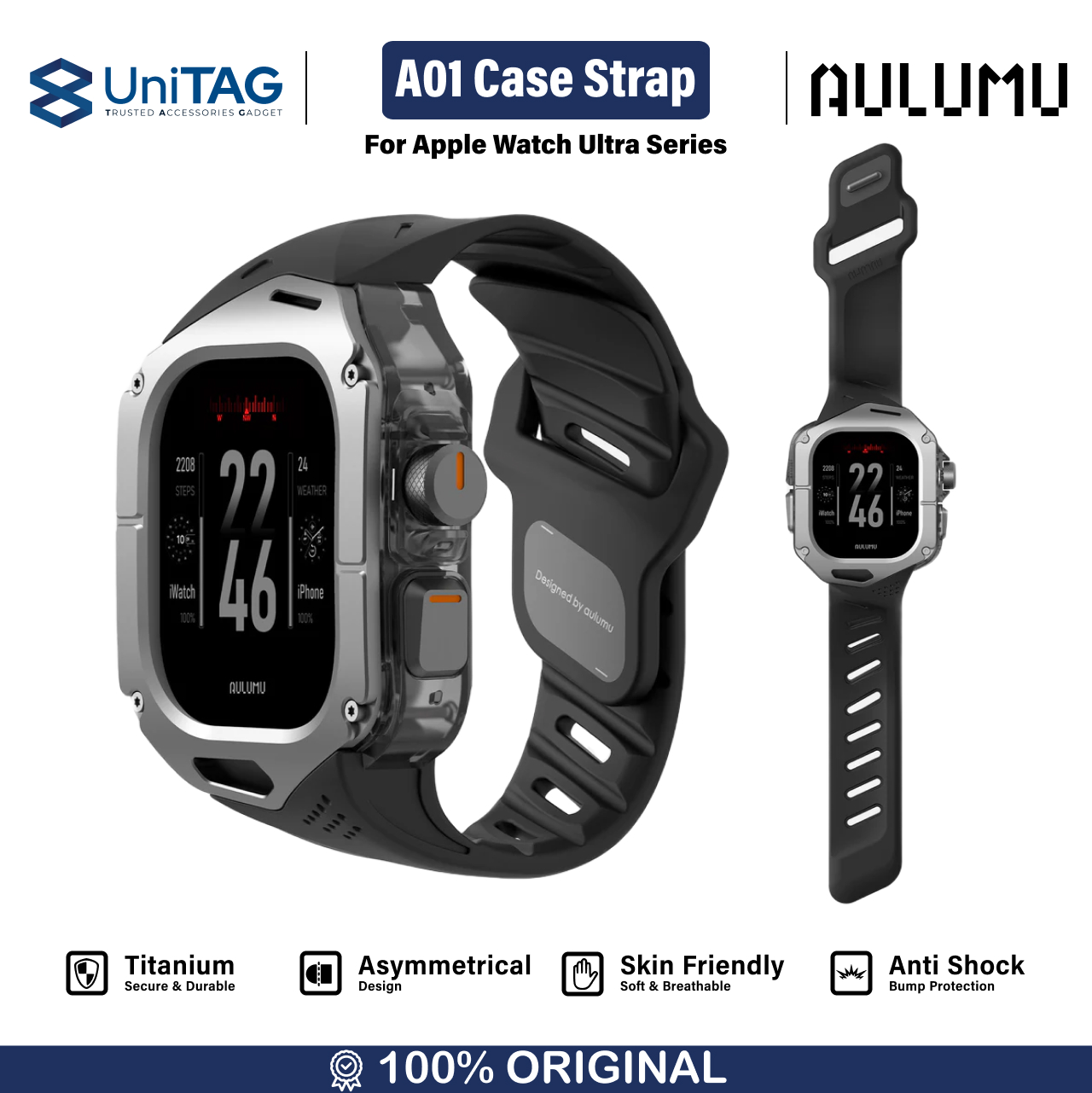 Aulumu Apple Watch Ultra 49mm (Series 3 / 2 / 1) Case Strap A01 Titanium FKM Band - Black A01-TI-BK
