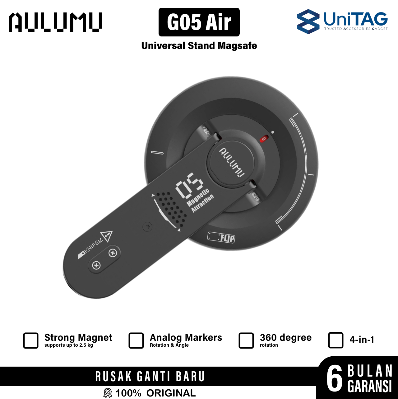 Aulumu Phone Kickstand G05 Air 5-in-1 Multifunctional Magnetic Phone Mount - Black UA-G05-Air-BK
