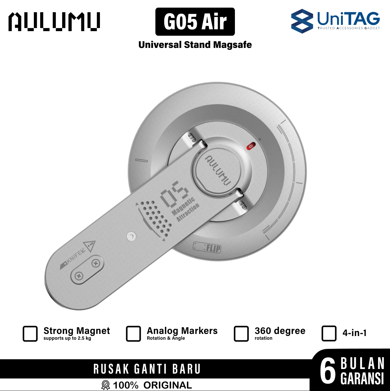 Aulumu Phone Kickstand G05 Air 5-in-1 Multifunctional Magnetic Phone Mount - Silver UA-G05-Air-SR