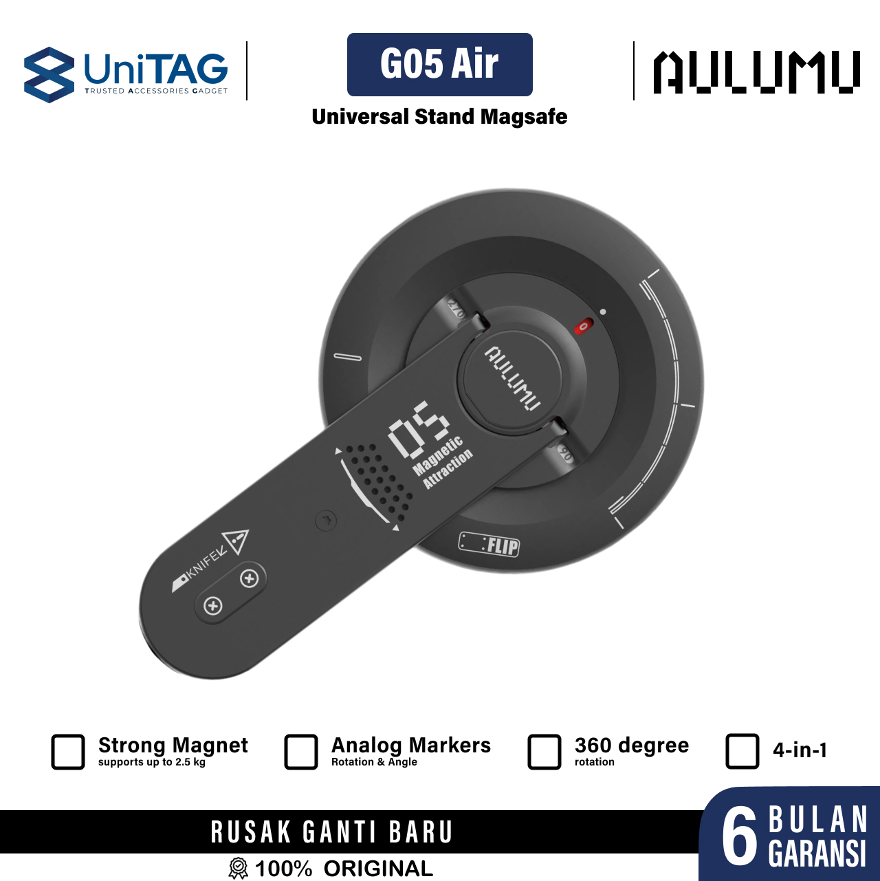 Aulumu Phone Kickstand G05 Air 5-in-1 Multifunctional Magnetic Phone Mount - Black UA-G05-Air-BK