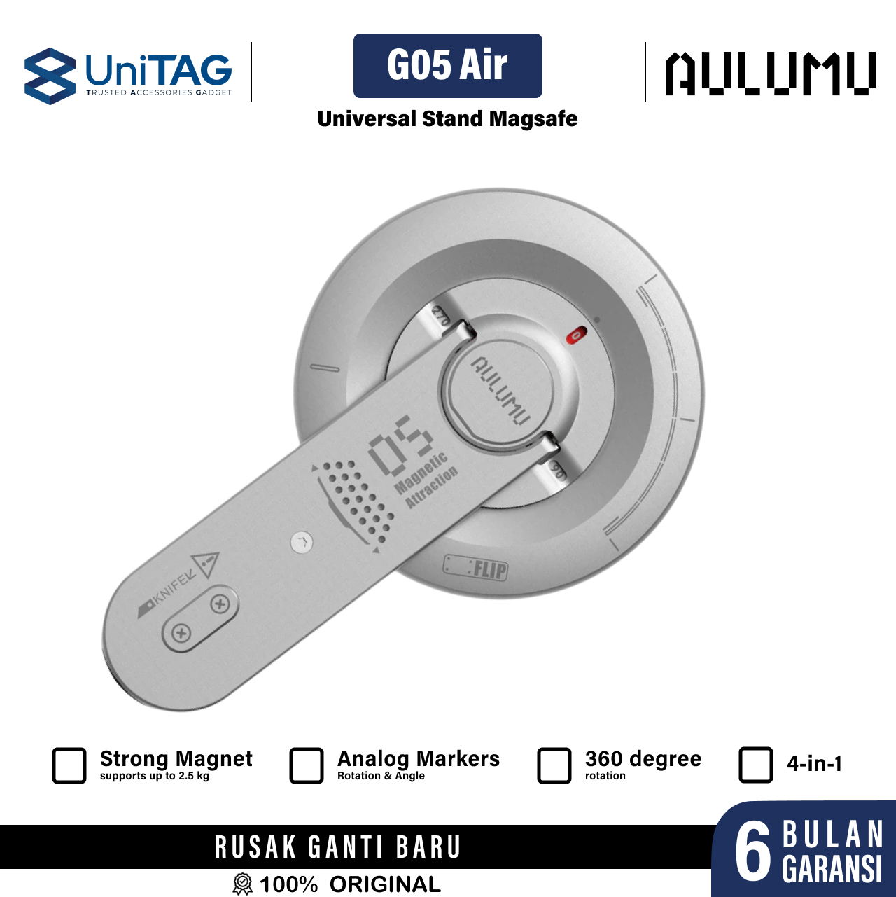 Aulumu Phone Kickstand G05 Air 5-in-1 Multifunctional Magnetic Phone Mount - Silver UA-G05-Air-SR