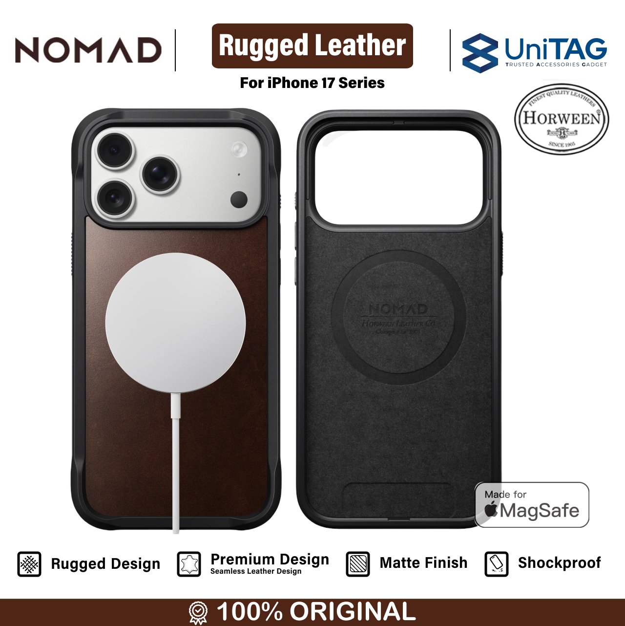 Nomad iPhone 17 Pro Case Magsafe Rugged Leather Case - Rustic Brown Horween NM011819858