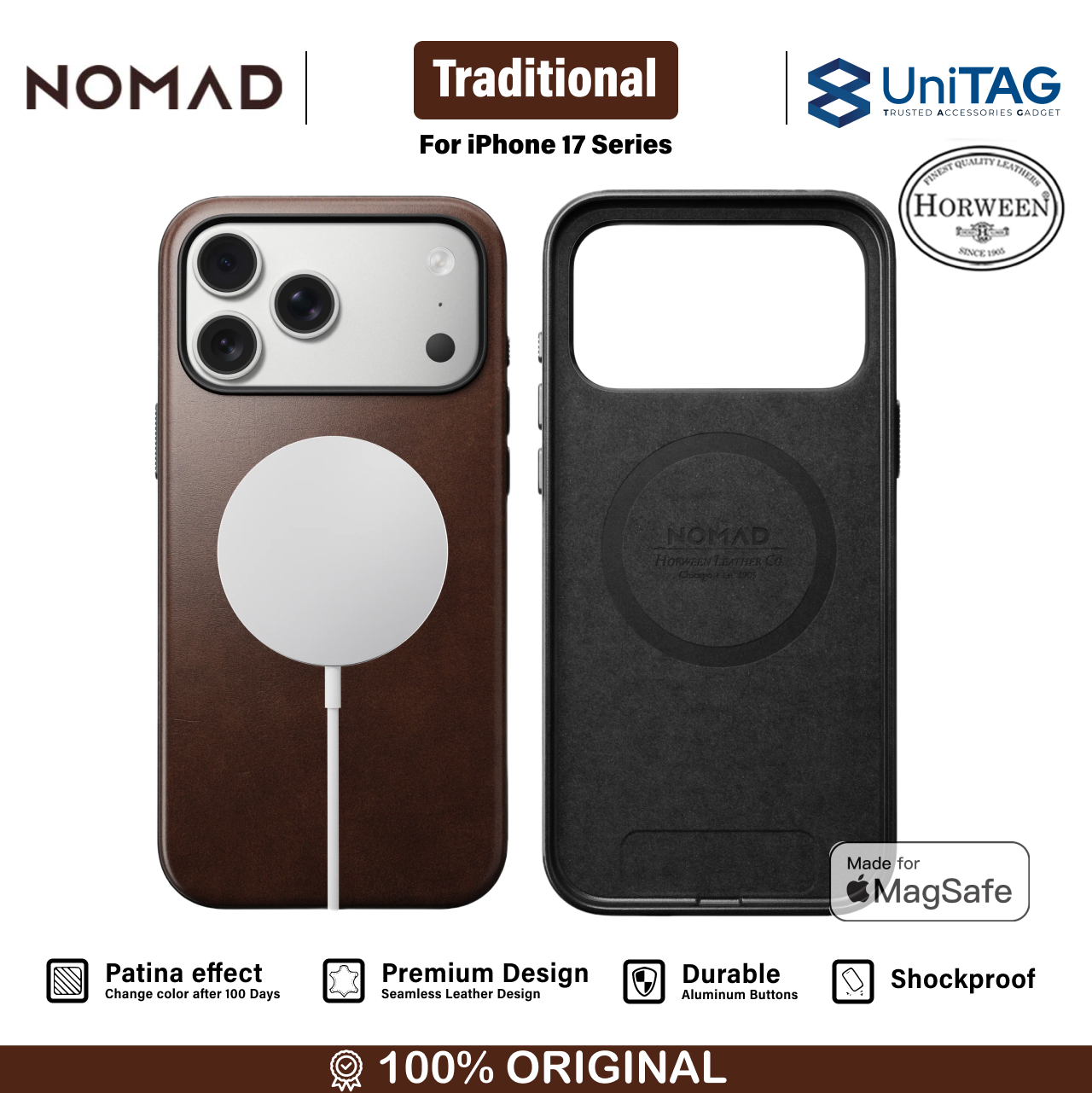 Nomad iPhone 17 Pro Max Case Magsafe Traditional Leather Case - Rustic Brown Horween NM011918858