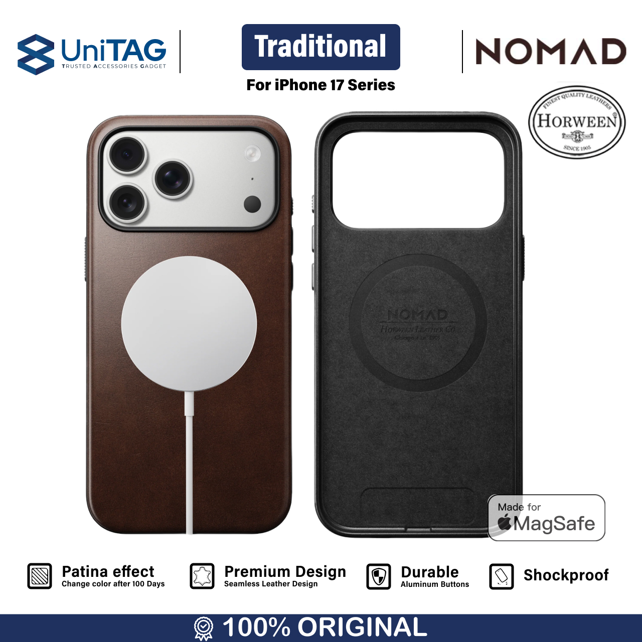 Nomad iPhone 17 Pro Case Magsafe Traditional Leather Case - Rustic Brown Horween NM011970858
