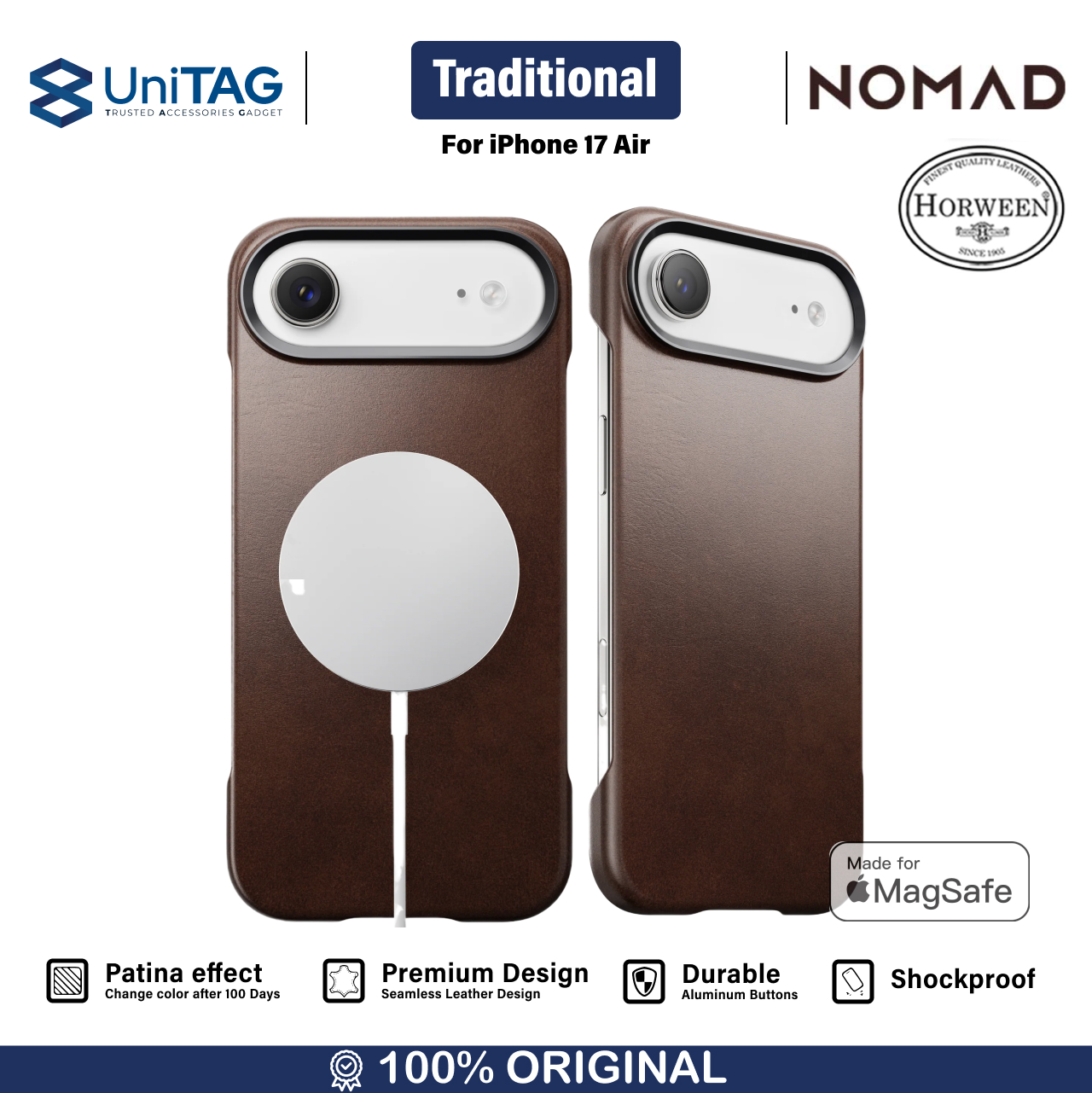 Nomad iPhone Air Case Magsafe Traditional Leather Case - Rustic Brown Horween NM011864858