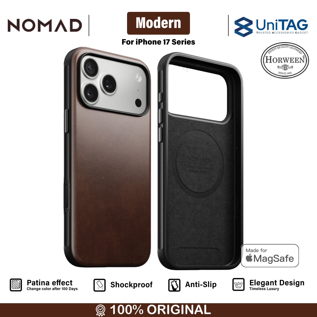 Nomad iPhone 17 Pro Case Magsafe Modern Leather Case - Rustic Brown Horween NM014292858