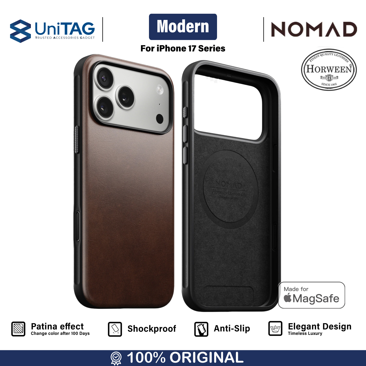 Nomad iPhone 17 Pro Max Case Magsafe Modern Leather Case - Rustic Brown Horween NM014247858