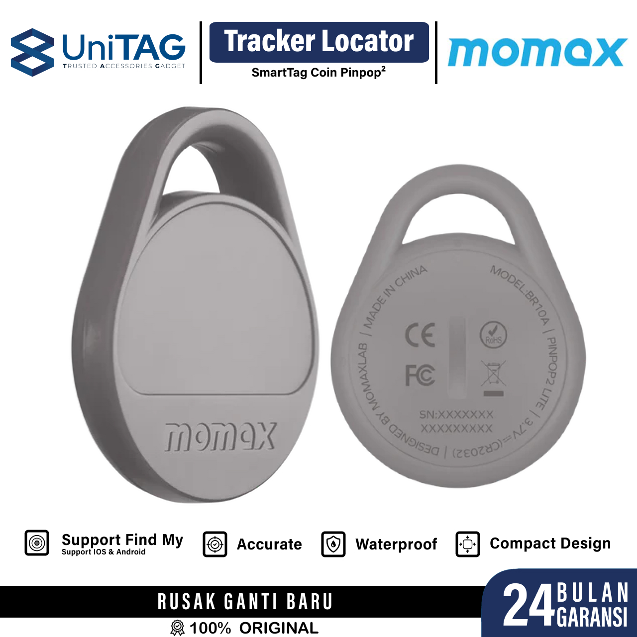Momax Universal GPS Tracker Pinpop Lite Find My Locator - Gray BR10AE