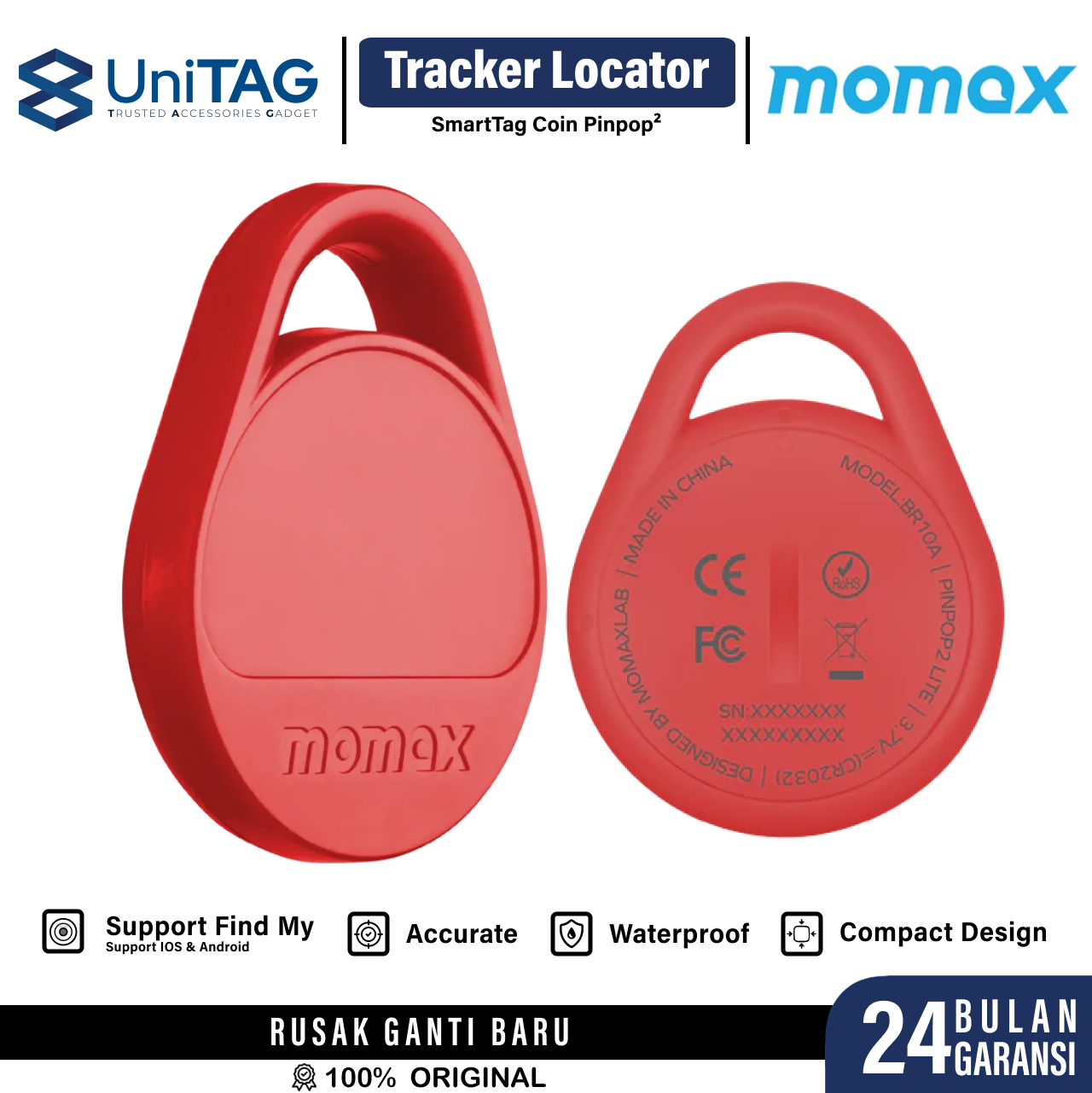 Momax Universal GPS Tracker Pinpop Lite Find My Locator - Red BR10AR