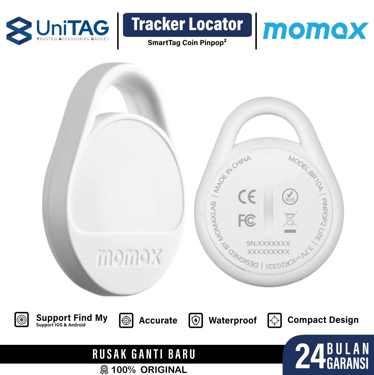 Momax Universal GPS Tracker Pinpop Lite Find My Locator - White BR10AW