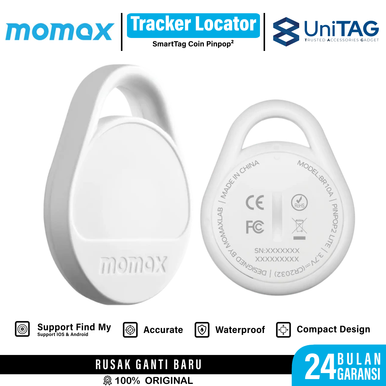 Momax Universal GPS Tracker Pinpop Lite Find My Locator - White BR10AW