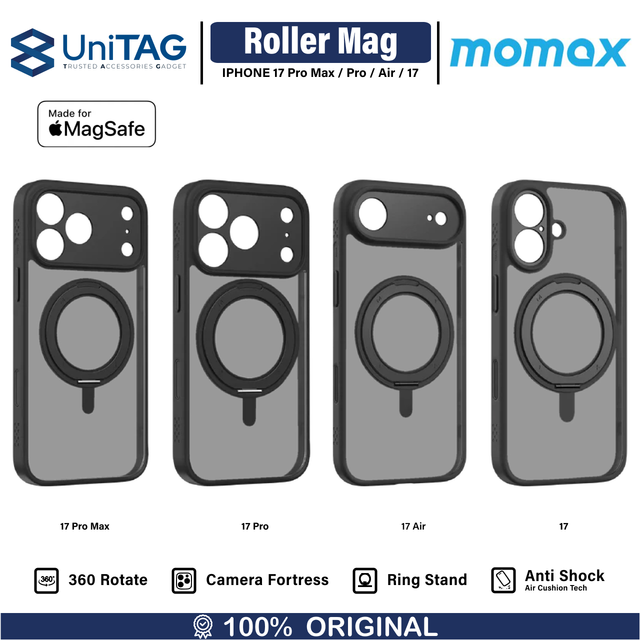Momax iPhone 17 Pro Case Magsafe Stand CaseFORM Roller Magnetic - Black MRAP25MD