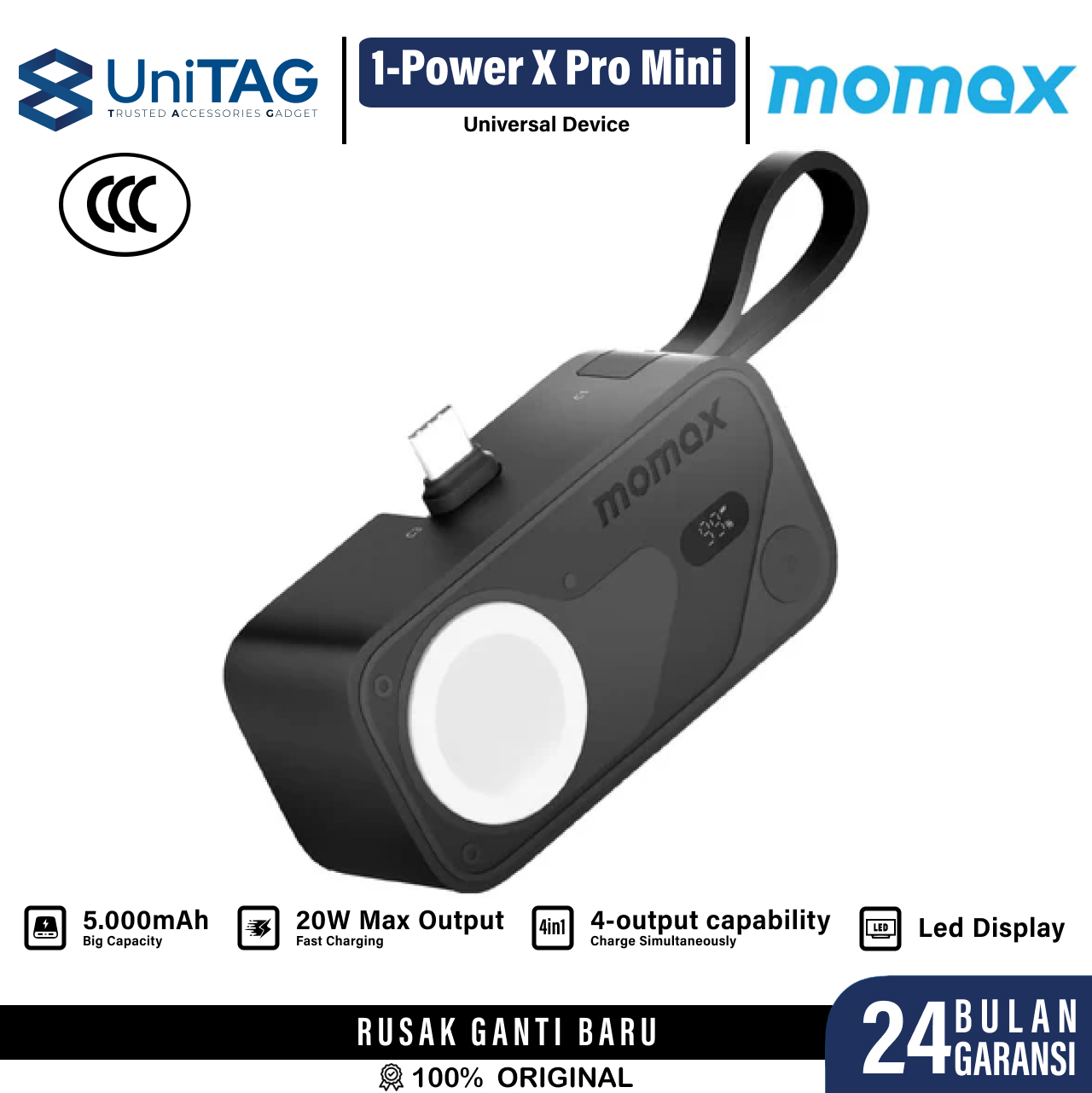 Momax Powerbank 3 in 1 1-Power X Pro Mini+ 5000mAh (+ 2 USB C Cable & Apple Watch Fast Charge) - Black IP170D