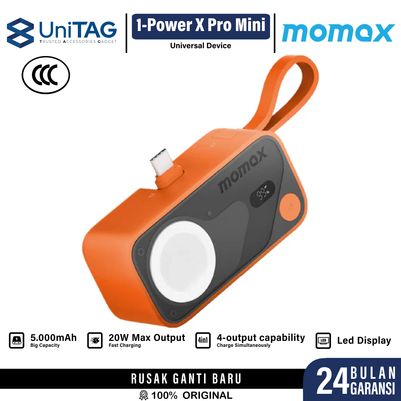 Momax Powerbank 3 in 1 1-Power X Pro Mini+ 5000mAh (+ 2 USB C Cable & Apple Watch Fast Charge) - Orange IP170M