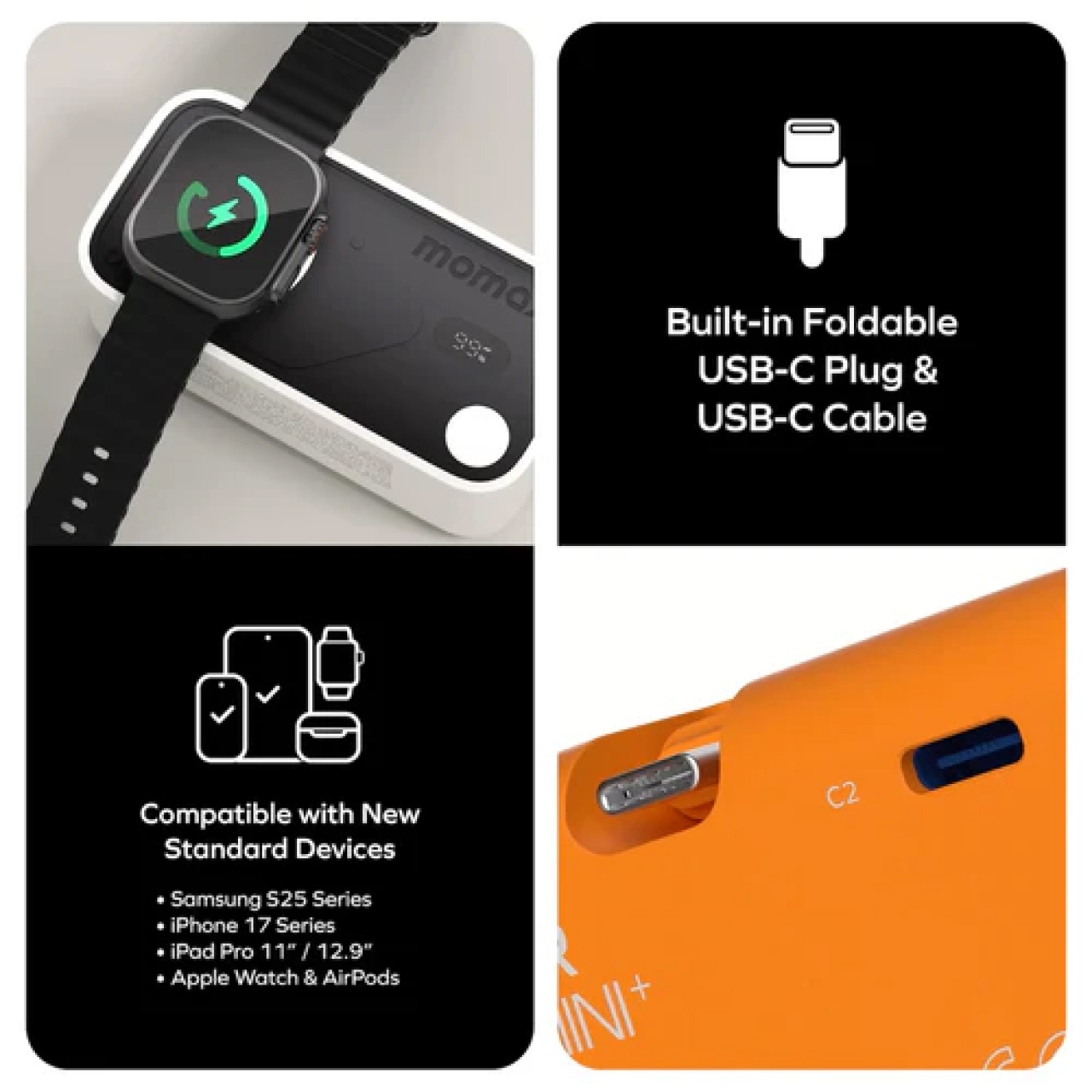 Momax Powerbank 3 in 1 1-Power X Pro Mini+ 5000mAh (+ 2 USB C Cable & Apple Watch Fast Charge) - White IP170W