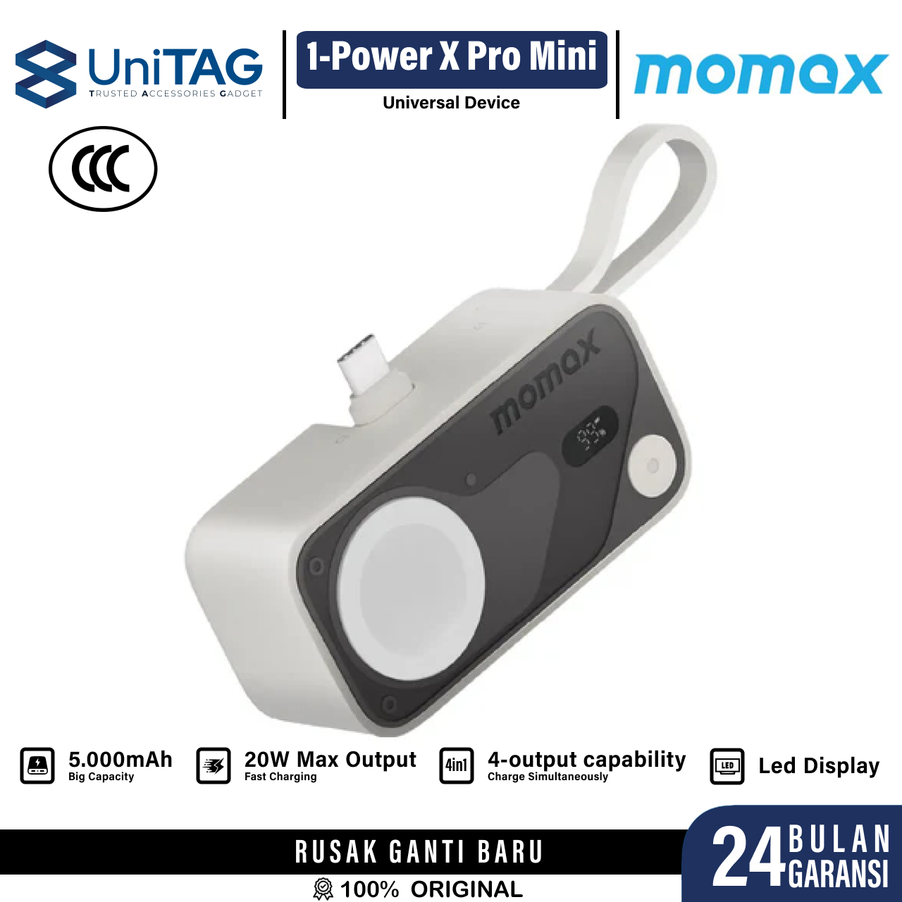 Momax Powerbank 3 in 1 1-Power X Pro Mini+ 5000mAh (+ 2 USB C Cable & Apple Watch Fast Charge) - White IP170W