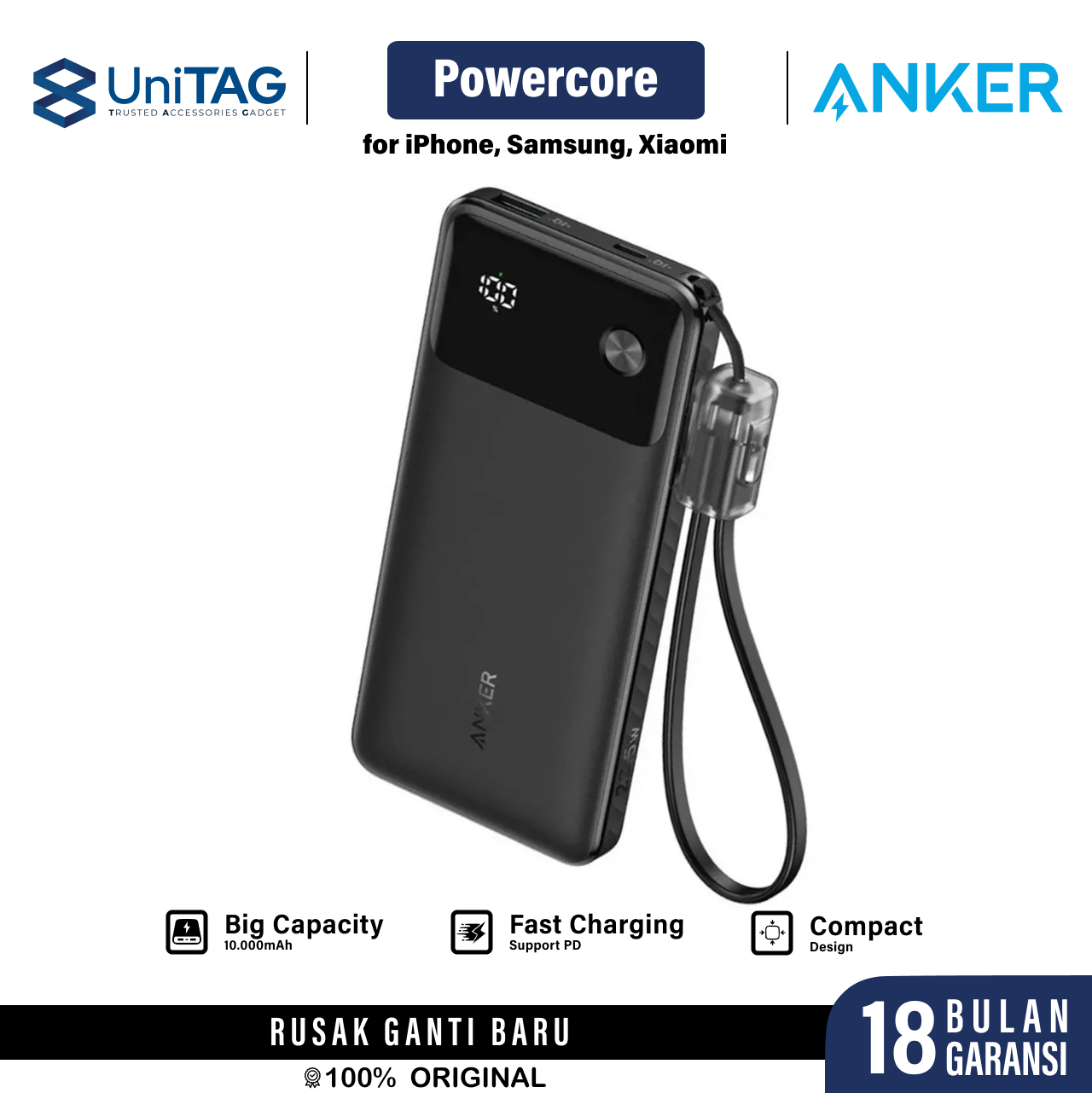 Anker Powerbank 10000mAh 22,5W 1A 1C With USB C Lanyard Cable A1388 - Black A1388H11