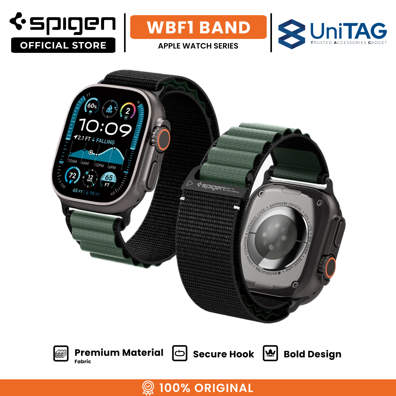 Spigen Apple Watch 49mm / 46mm / 45mm / 44mm / 42mm (Series 3 / 2 / 1) Strap Band WBF1 - Black Green AMP10223