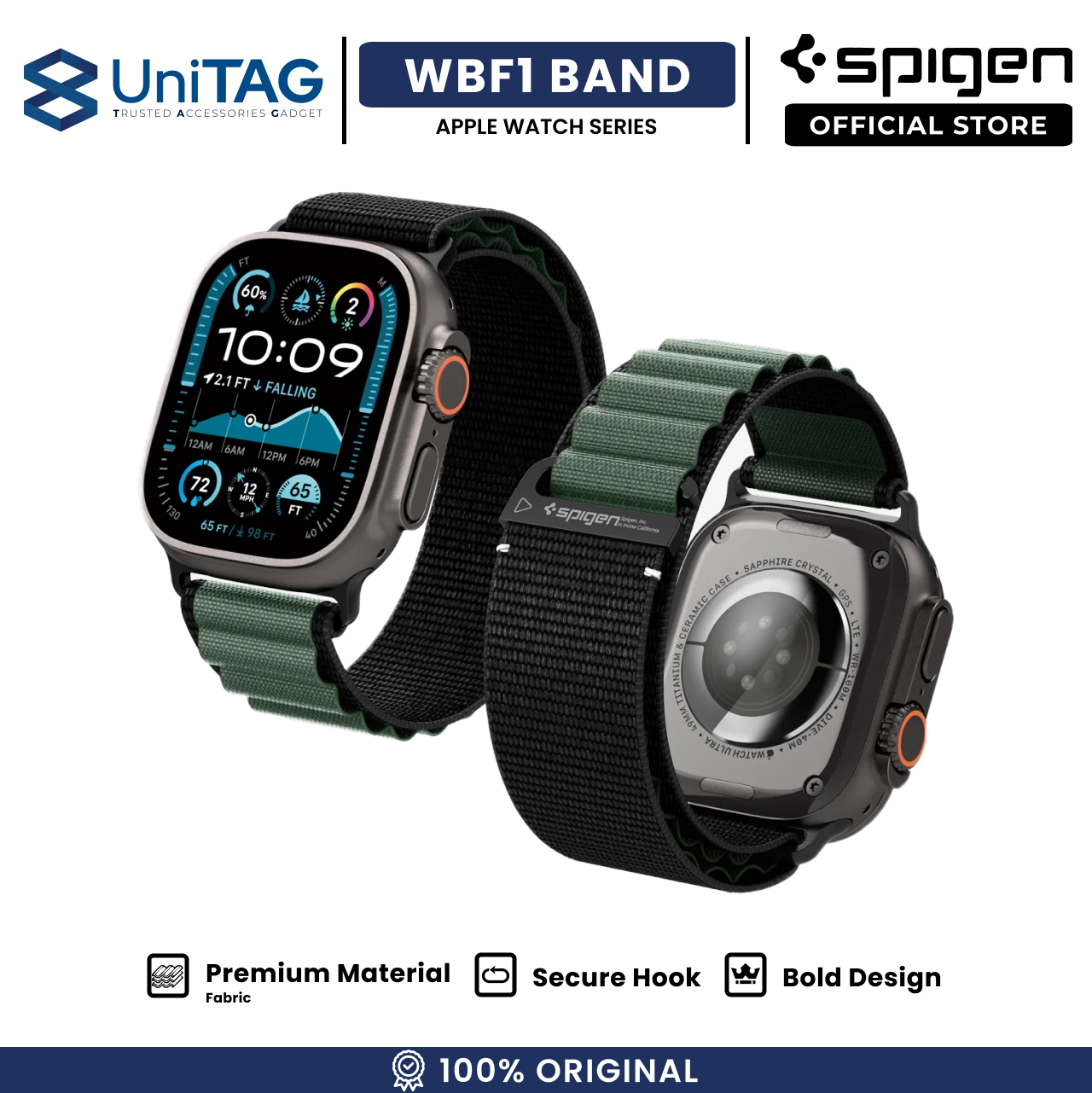 Spigen Apple Watch 49mm / 46mm / 45mm / 44mm / 42mm (Series 3 / 2 / 1) Strap Band WBF1 - Black Green AMP10223