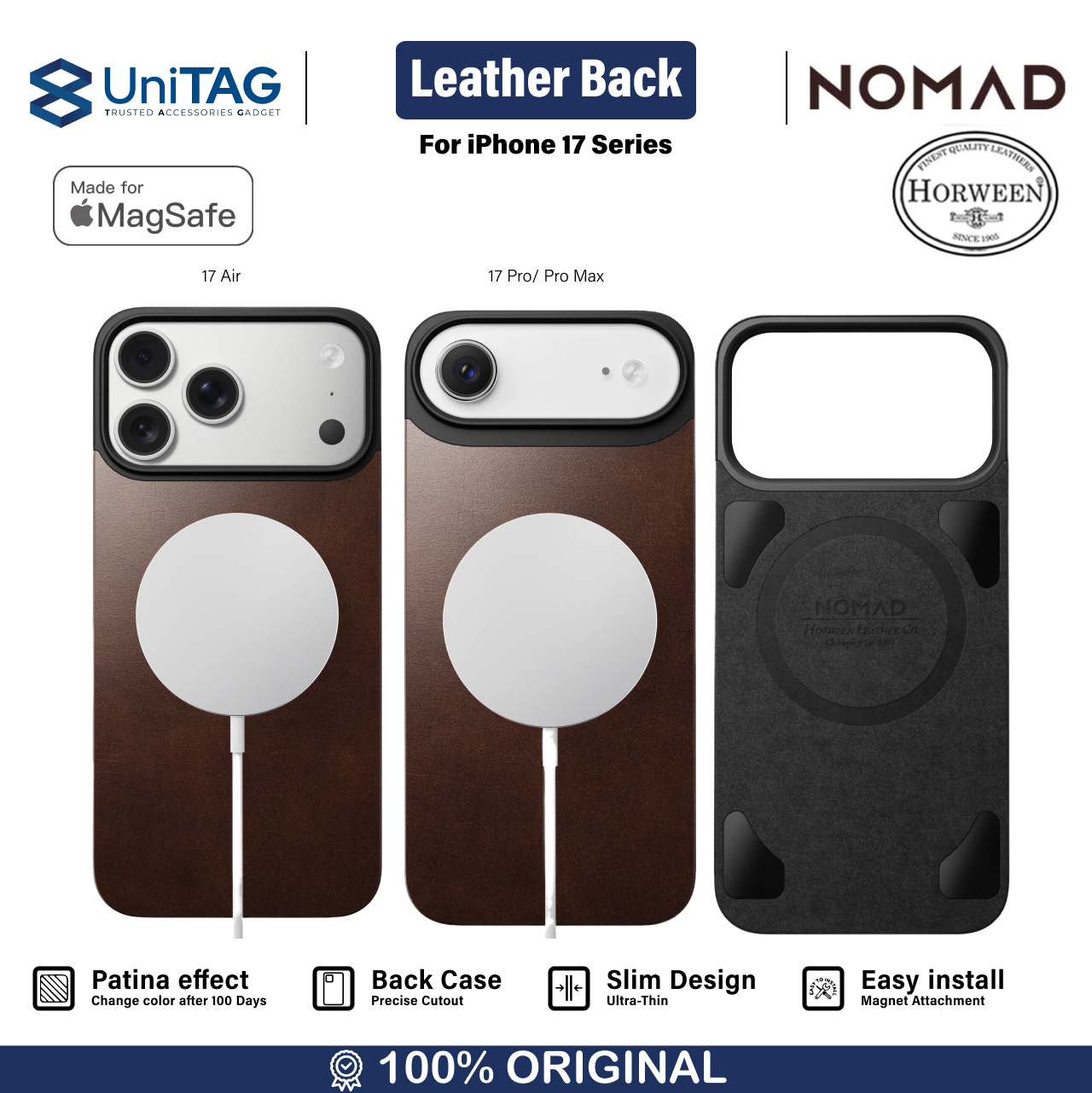 Nomad iPhone 17 Pro Case Magsafe Magnetic Leather Back Case - Rustic Brown Horween NM014407858