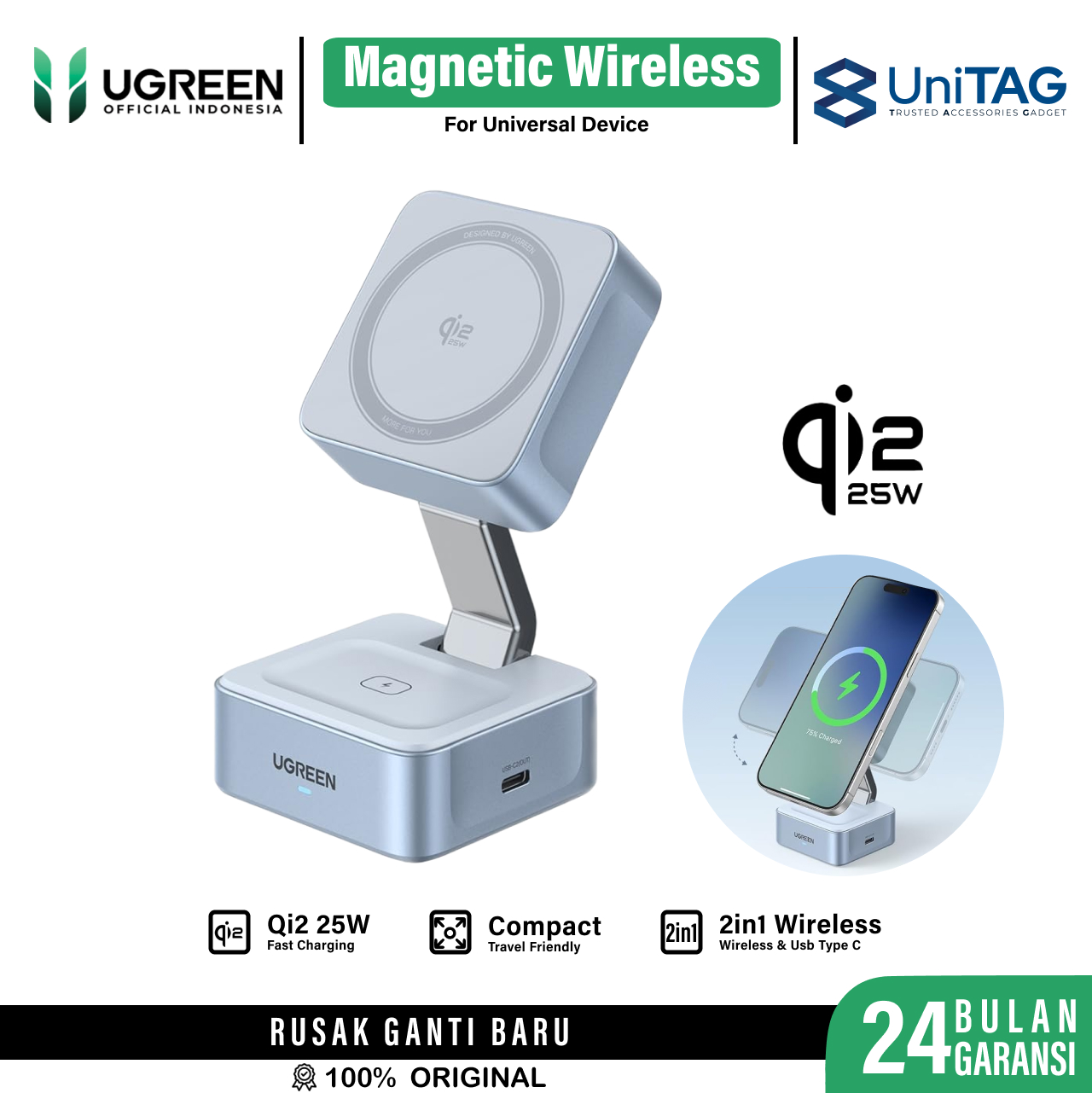 UGREEN Magsafe Wireless Charger Stand 2 in 1 MagFlow Qi2 25W - Blue W752 55960B