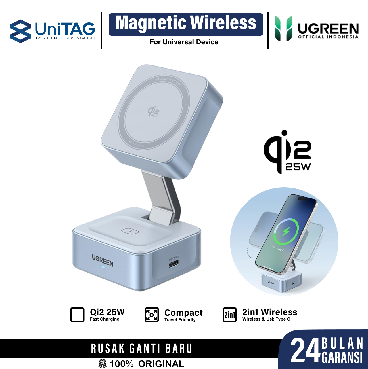 UGREEN Magsafe Wireless Charger Stand 2 in 1 MagFlow Qi2 25W - Blue W752 55960B