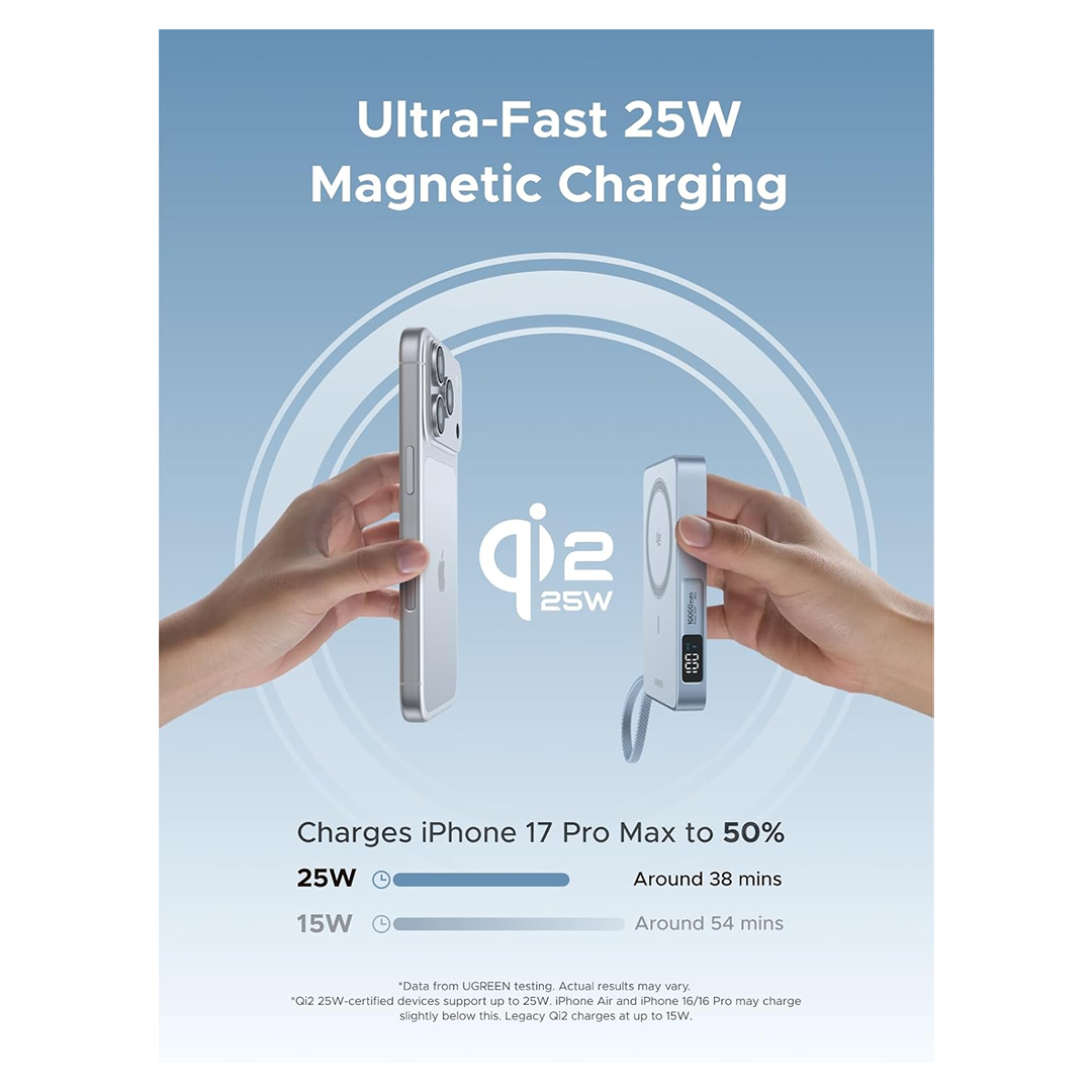 UGREEN Powerbank Magsafe Built-in Kabel Charger USB C 10000mAh 25W MagFlow Qi2 - Blue PB773 65958B