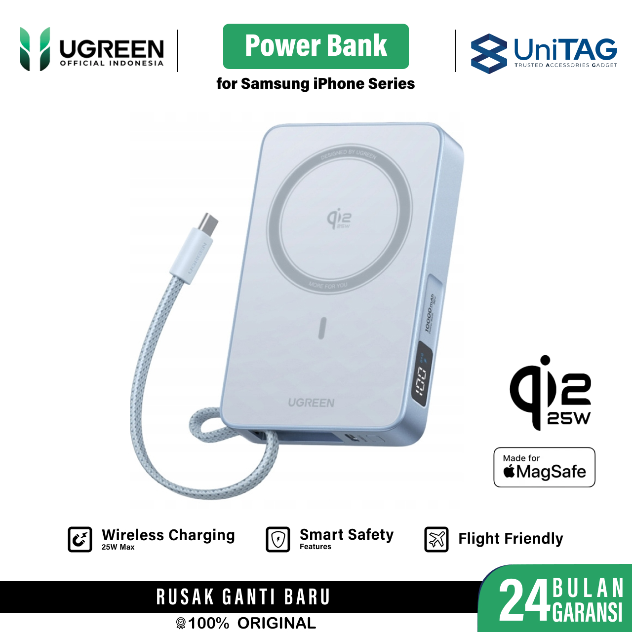 UGREEN Powerbank Magsafe Built-in Kabel Charger USB C 10000mAh 25W MagFlow Qi2 - Blue PB773 65958B