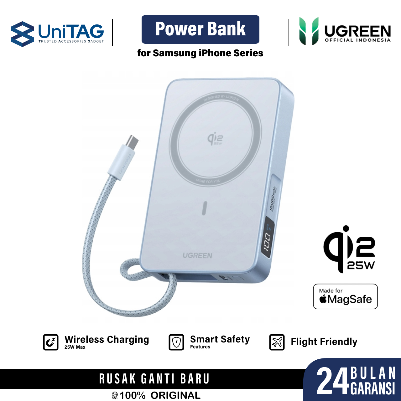 UGREEN Powerbank Magsafe Built-in Kabel Charger USB C 10000mAh 25W MagFlow Qi2 - Blue PB773 65958B