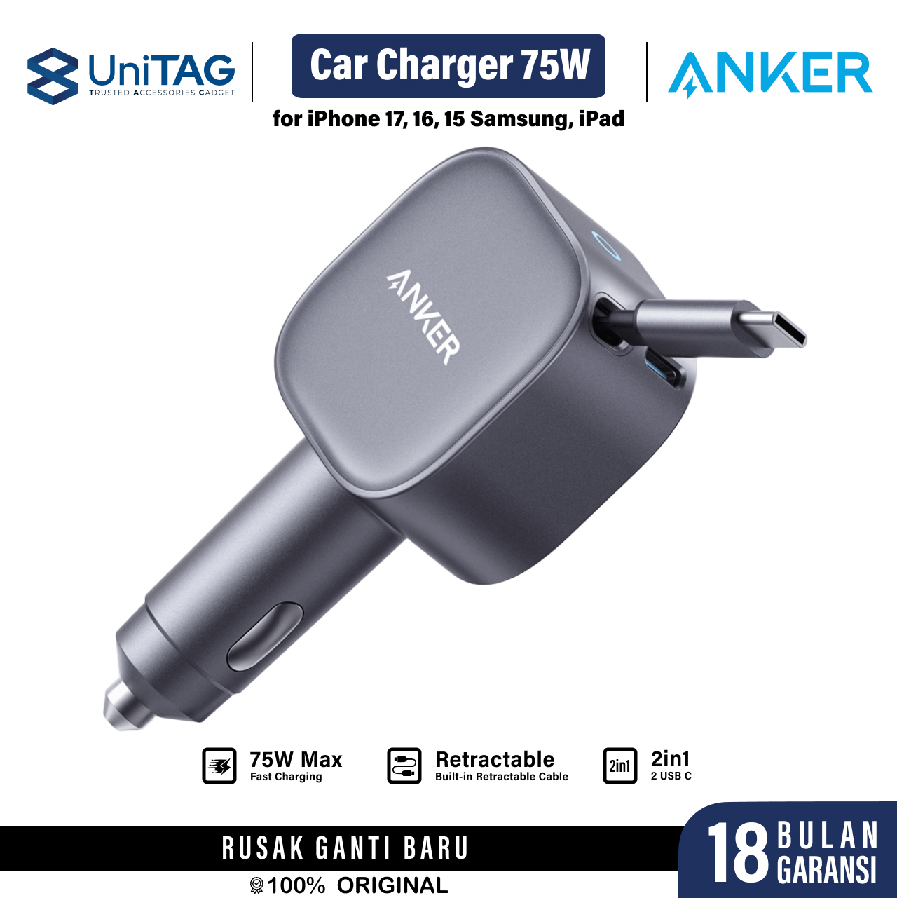 Anker Car Charger 2C Built-in Retractable Cable USB C 75W - Gray A2738HA2