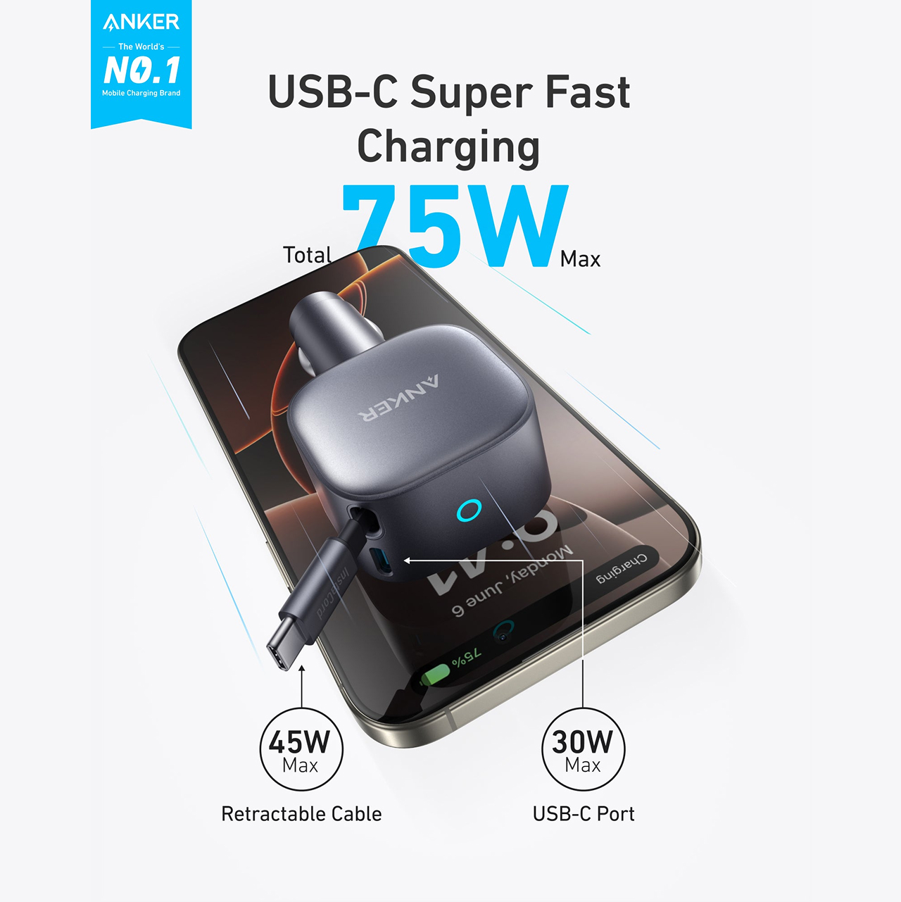Anker Car Charger 2C Built-in Retractable Cable USB C 75W - Gray A2738HA2