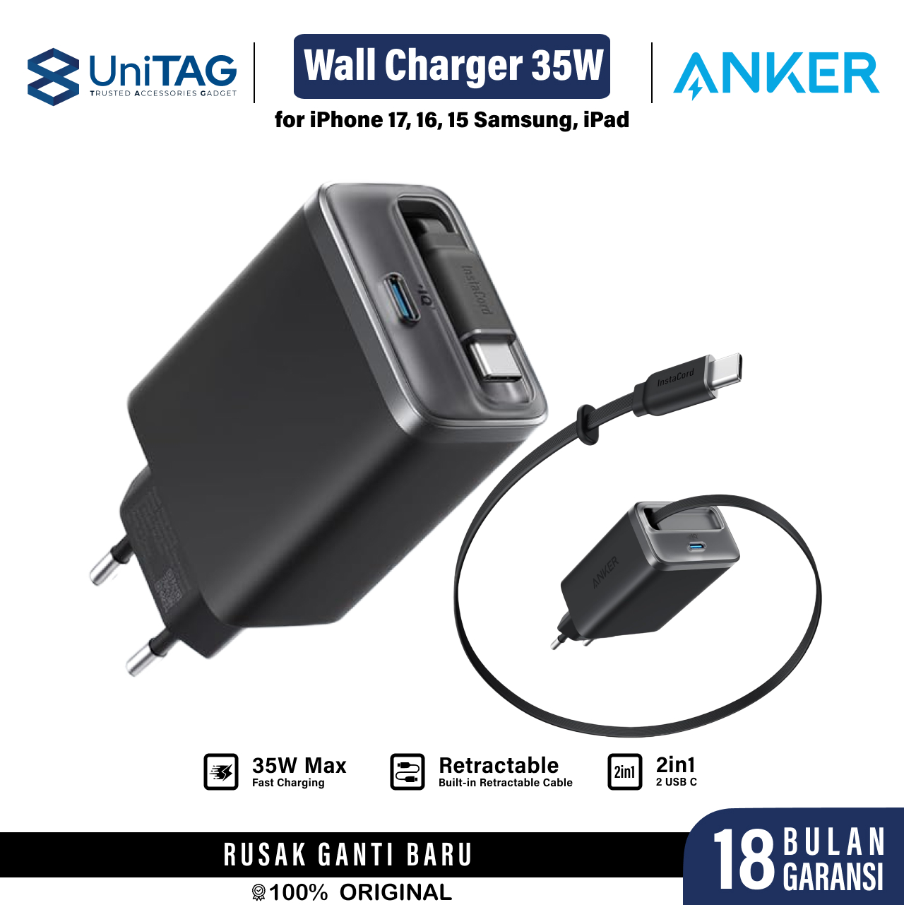 Anker Wall Charger 35W 2C 1A Built In Retractable Cable Charger USB C Nano Charger - Black A2658G11
