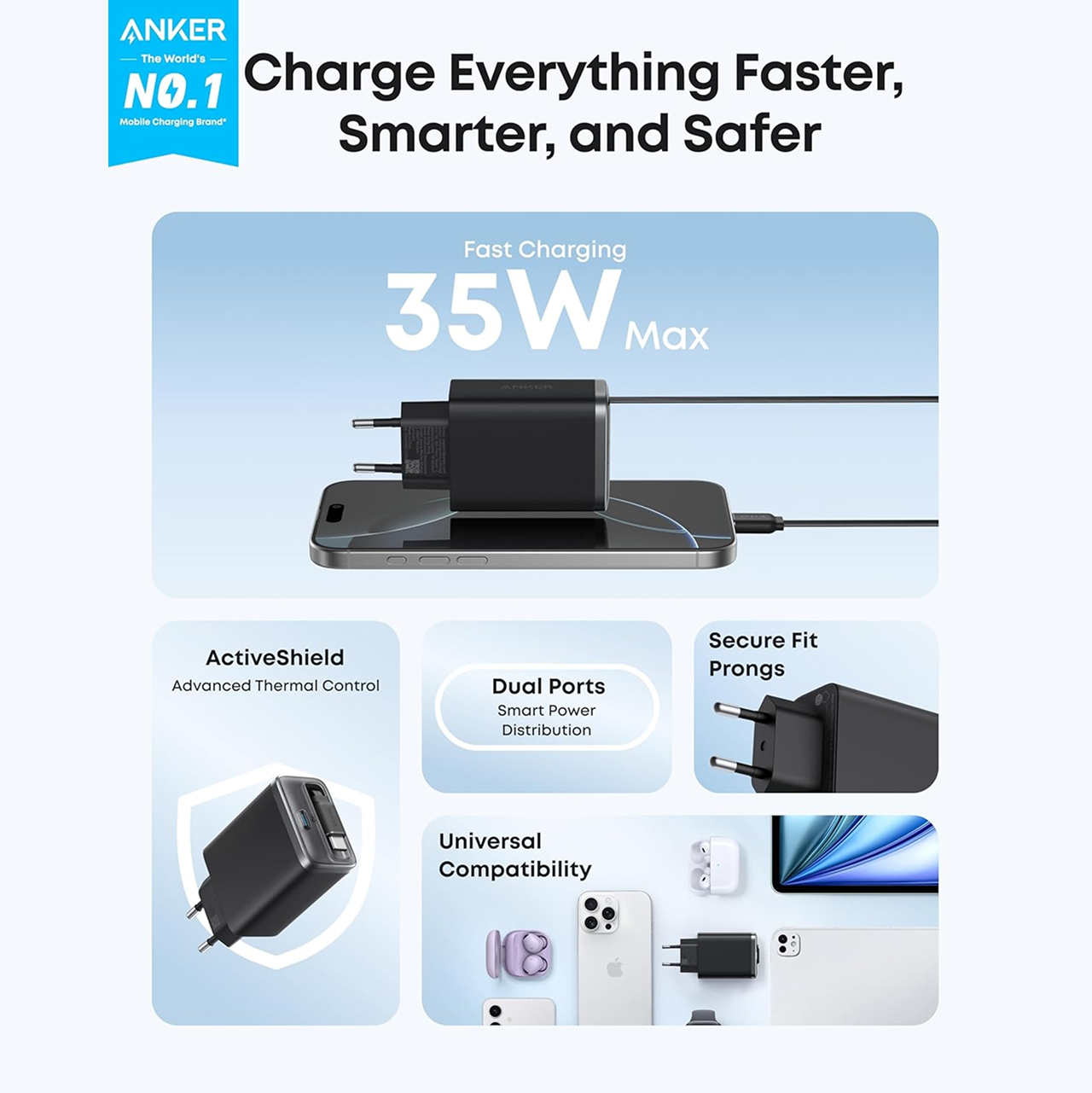 Anker Wall Charger 35W 2C 1A Built In Retractable Cable Charger USB C Nano Charger - Black A2658G11