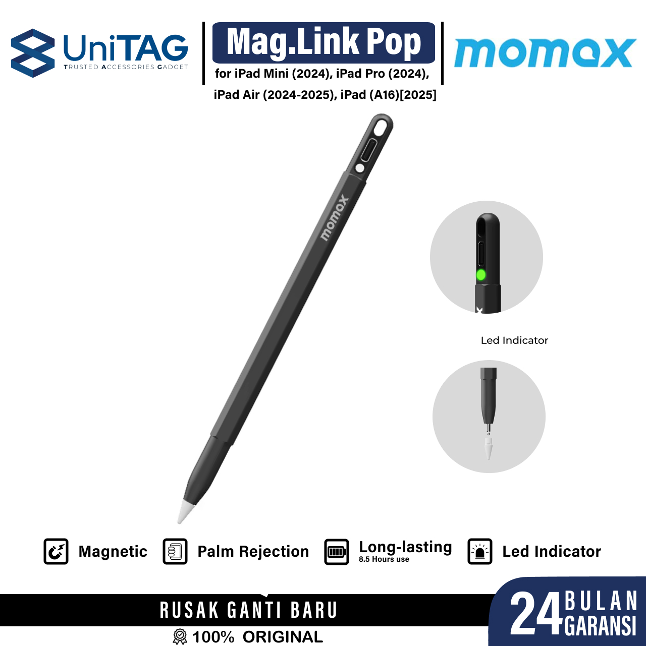 Momax Stylus Pen Mag.Link Pop Magnetic (New Version) - Black TP10AD
