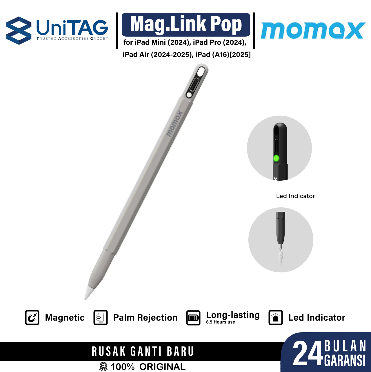 Momax Stylus Pen Mag.Link Pop Magnetic (New Version) - Grey TP10AE