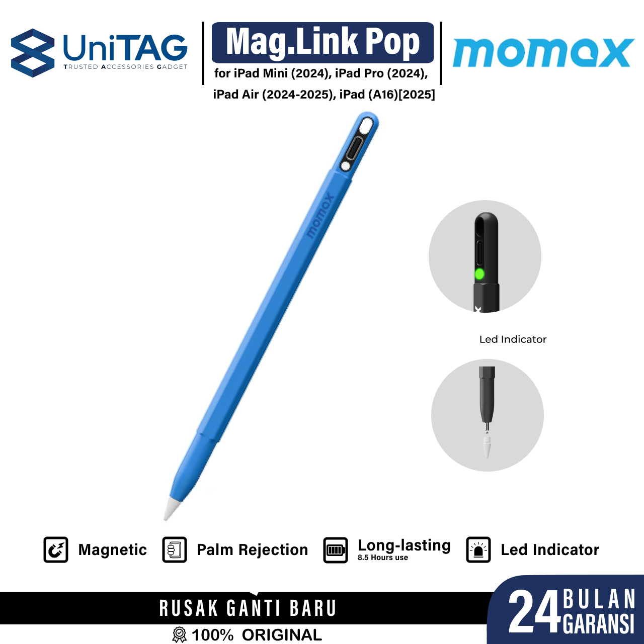 Momax Stylus Pen Mag.Link Pop Magnetic (New Version) - Blue TP10AB