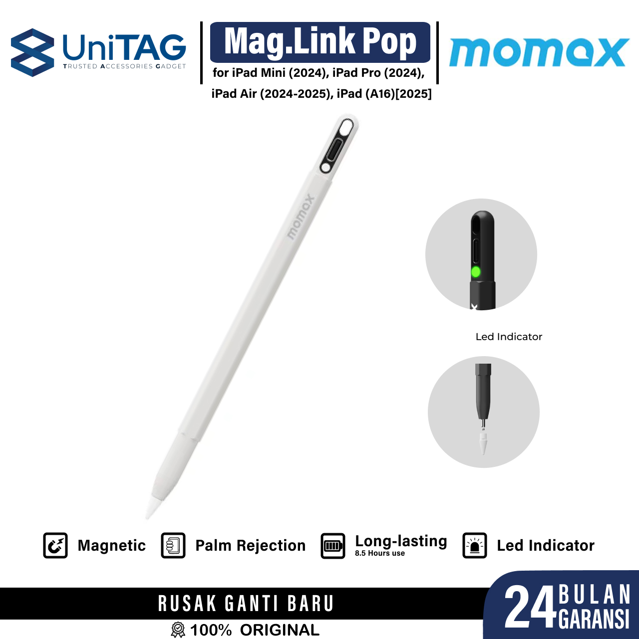 Momax Stylus Pen Mag.Link Pop Magnetic (New Version) - White TP10AW