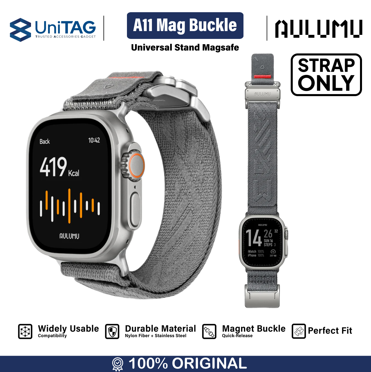 Aulumu Apple Watch 49mm / 46mm / 45mm / 44mm / 42mm (Series 3 / 2 / 1) Strap Mag Buckle Slim (New Design) - Silver A11-NL-BK-SL-M