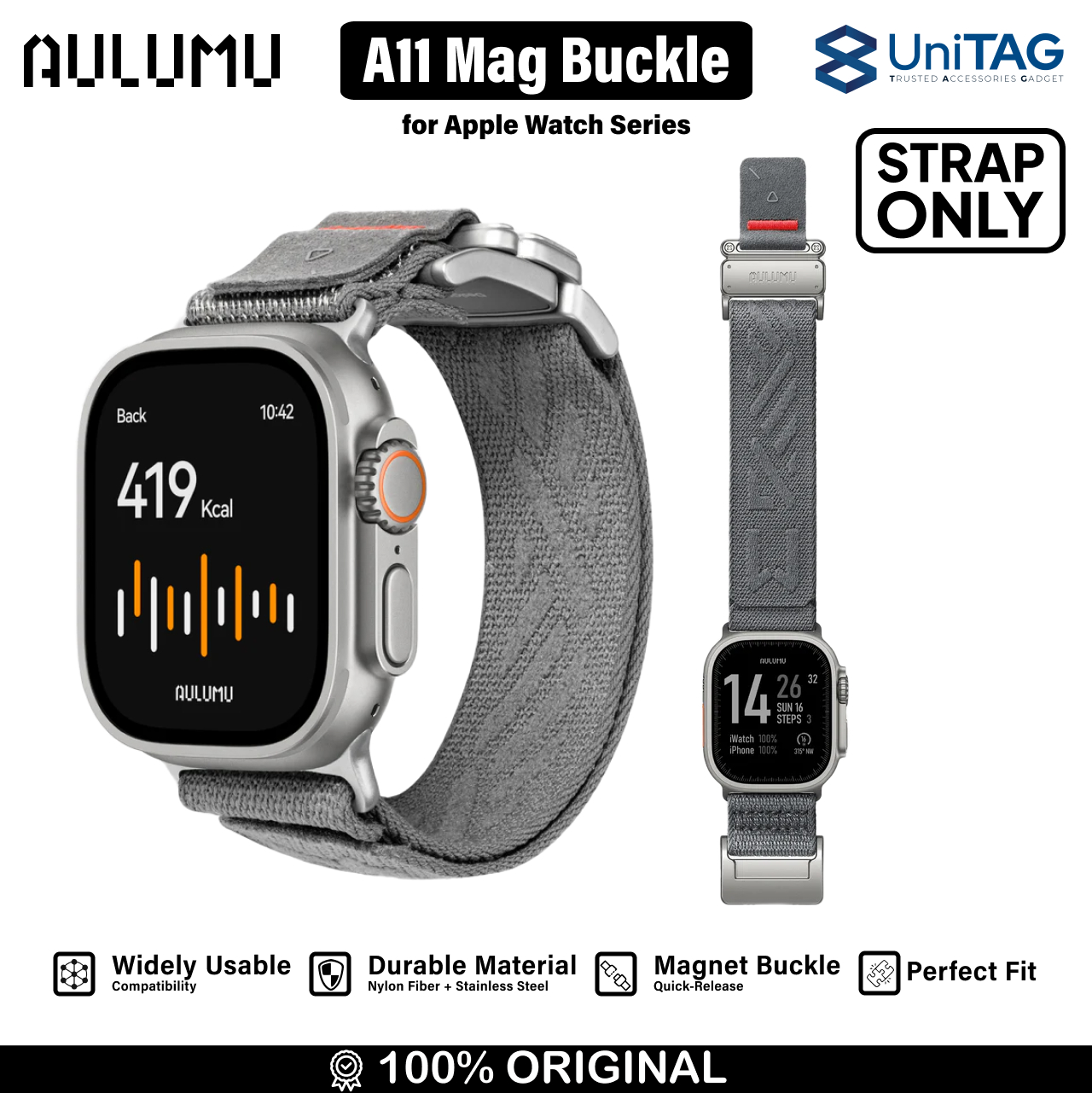 Aulumu Apple Watch 49mm / 46mm / 45mm / 44mm / 42mm (Series 3 / 2 / 1) Strap Mag Buckle Slim (New Design) - Silver A11-NL-BK-SL-M