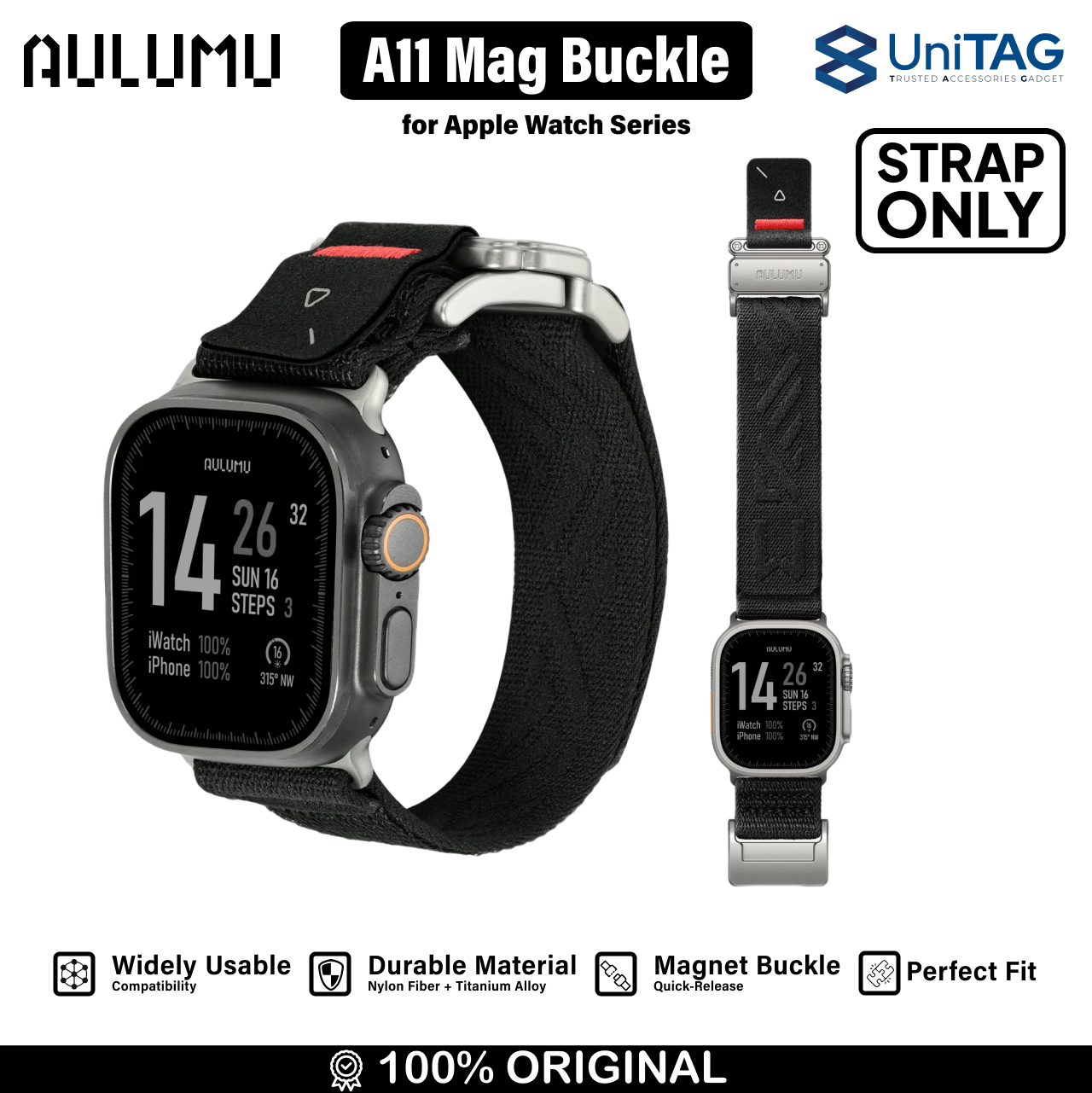 Aulumu Apple Watch 49mm / 46mm / 45mm / 44mm / 42mm (Series 3 / 2 / 1) Strap Mag Buckle Slim (New Design) - Black A11-NL-BK-BK-M